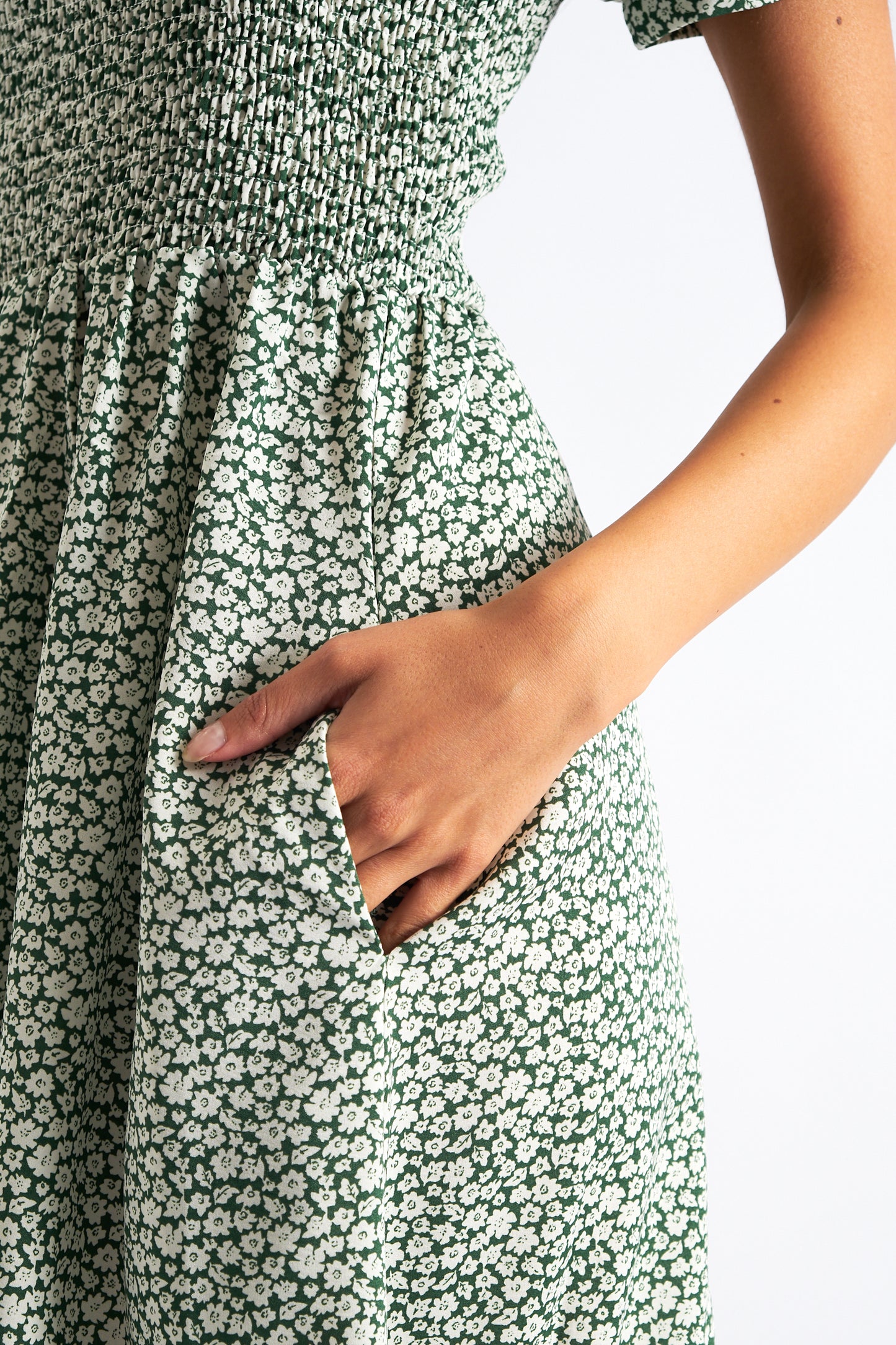 Babette Floral Shirred Bodice Midi Dress Green