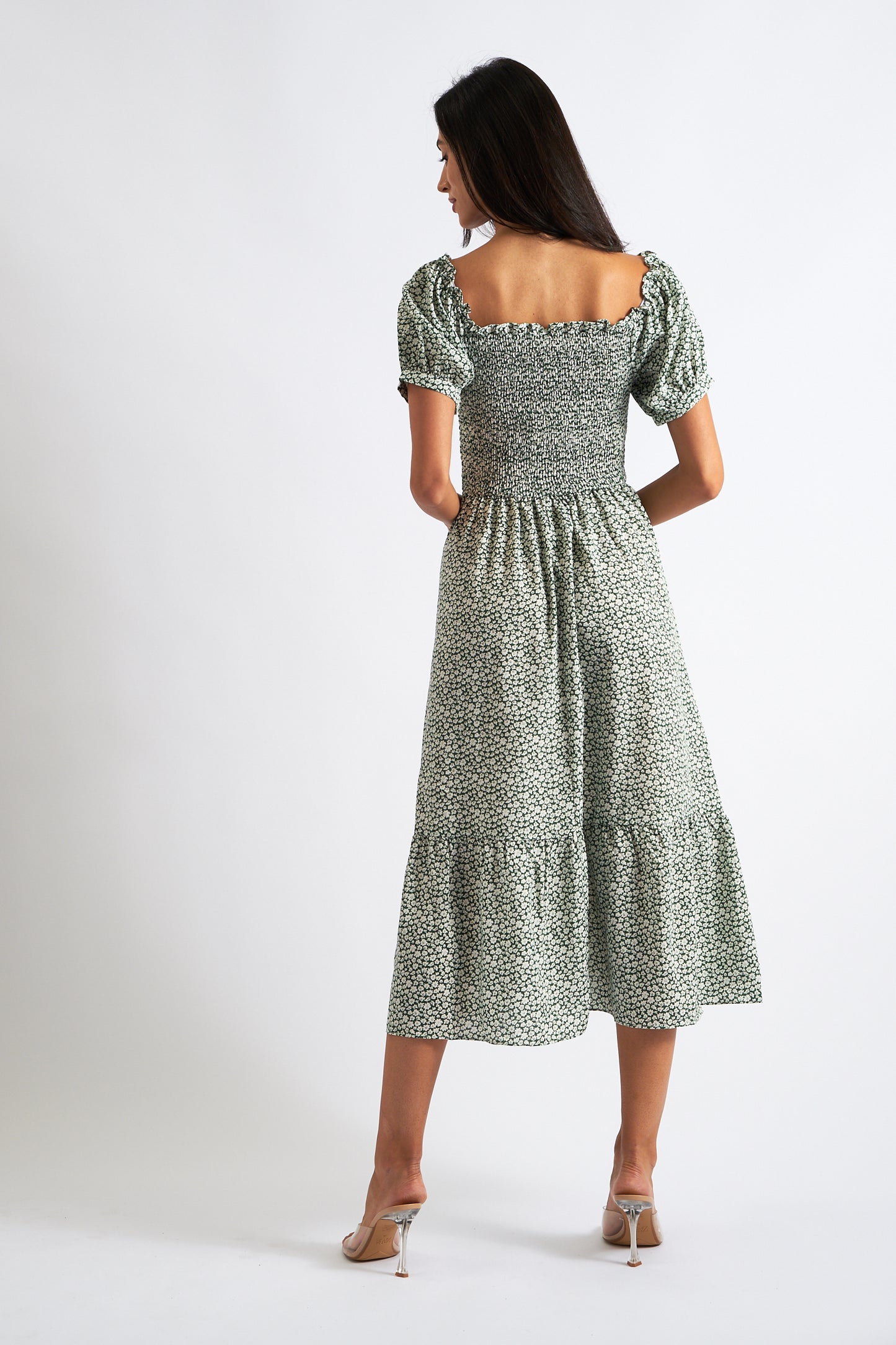 Babette Floral Shirred Bodice Midi Dress Green