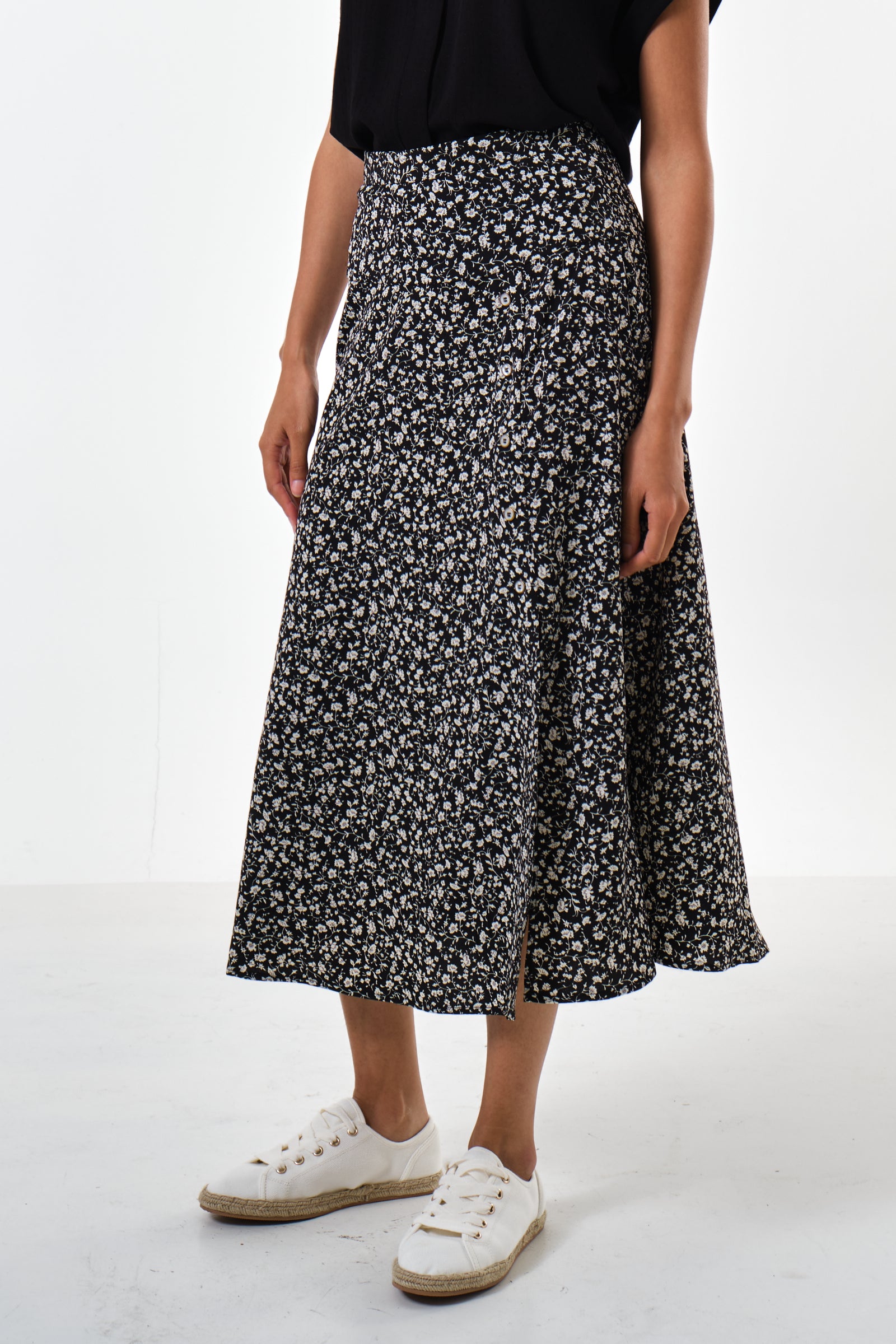 Barney Floral Print Midi Skirt Black