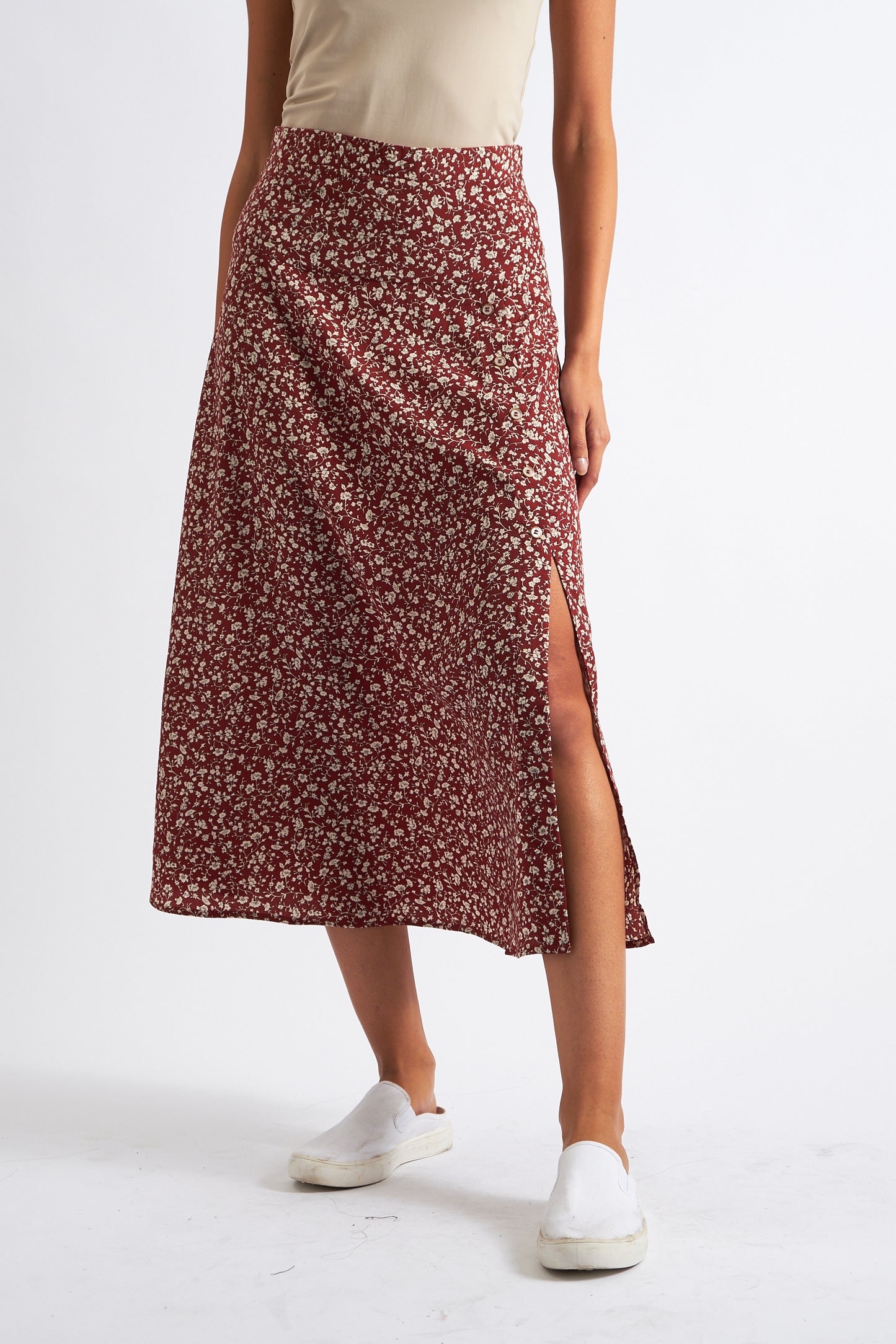 Barney Floral Print Midi Skirt Rust