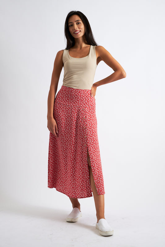 Barney Petale Print Midi Skirt Red