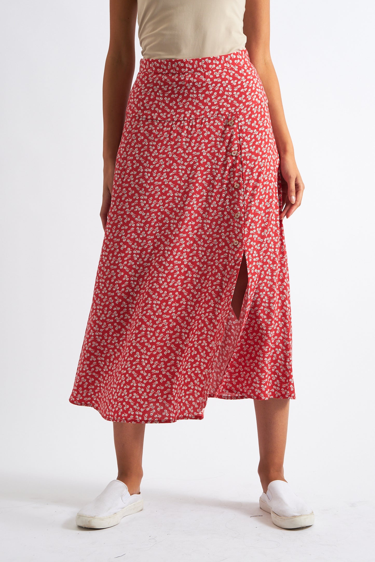 Barney Petale Print Midi Skirt Red