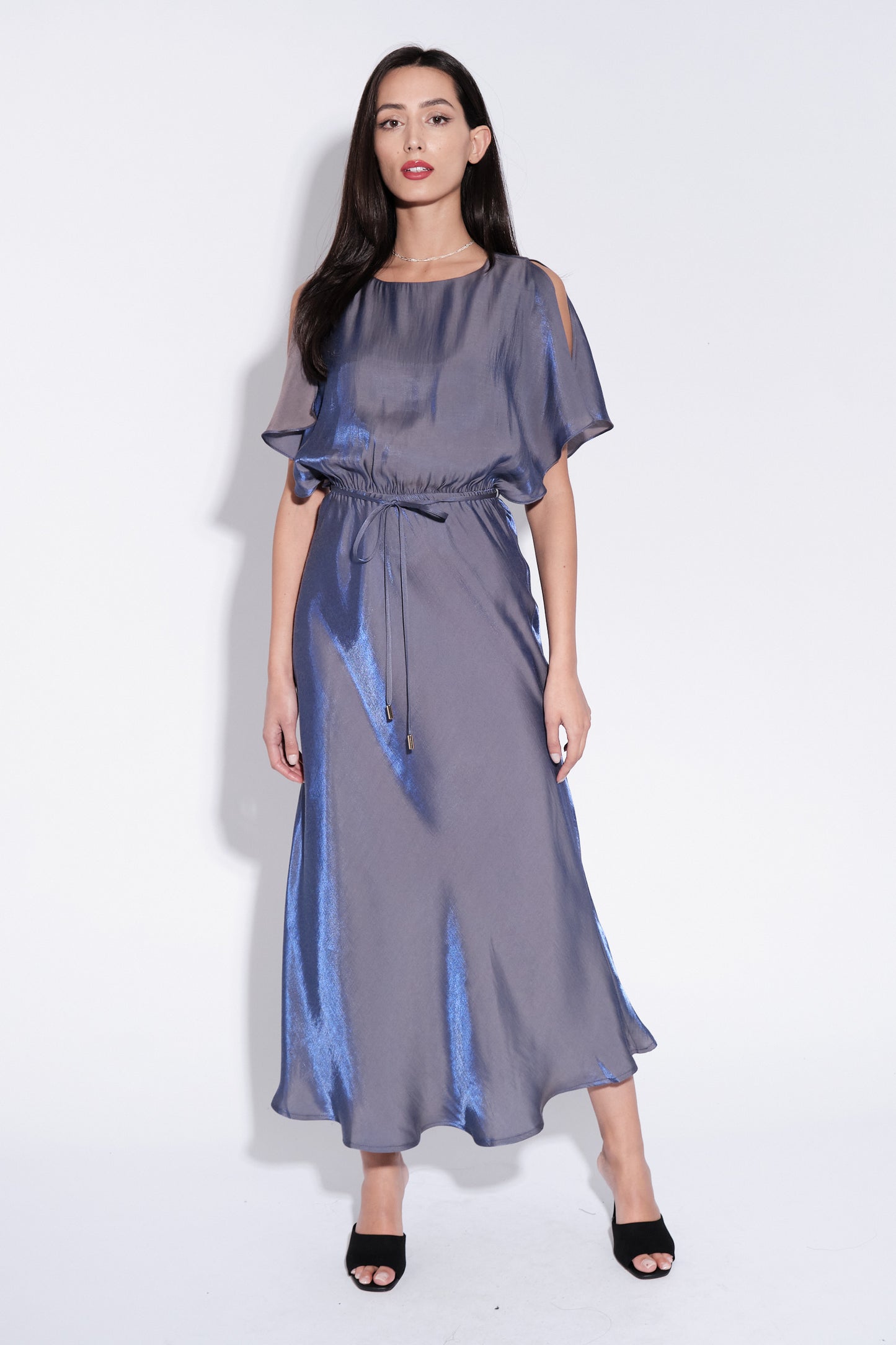 Basford Iridescent Cape Sleeve Midi Dress in Navy