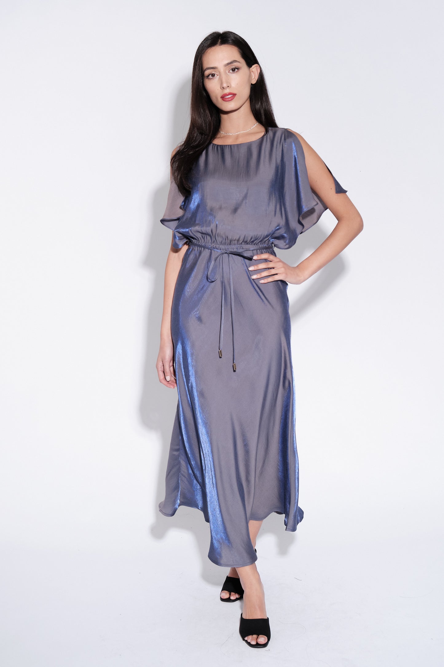 Basford Iridescent Cape Sleeve Midi Dress in Navy