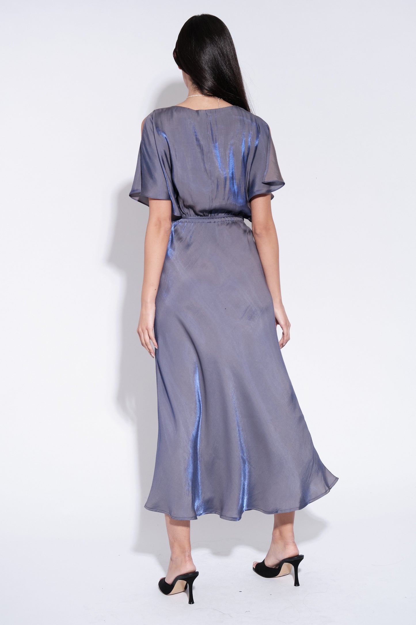 Basford Iridescent Cape Sleeve Midi Dress in Navy