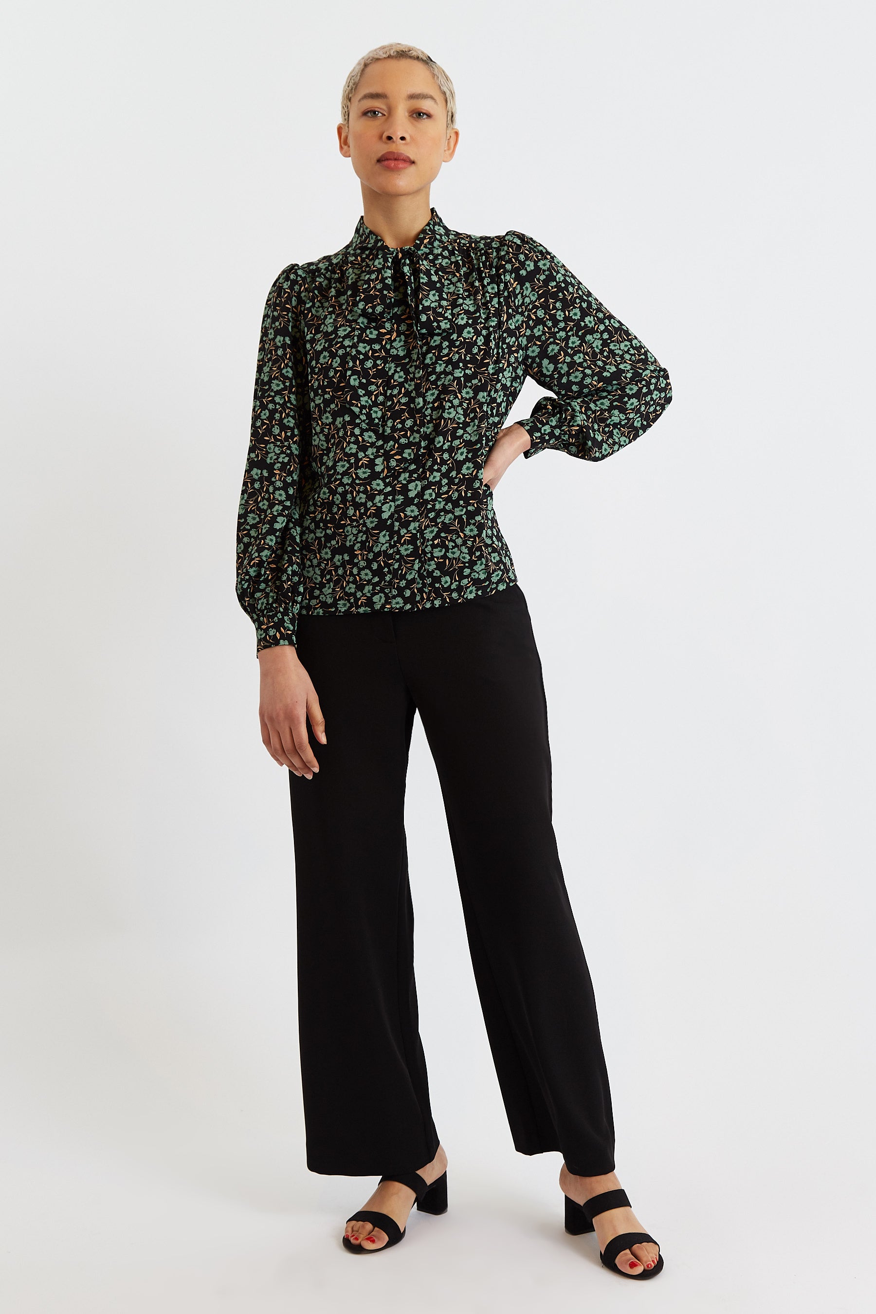 Bathilde Fleur Vert Print Tie Neck Blouse