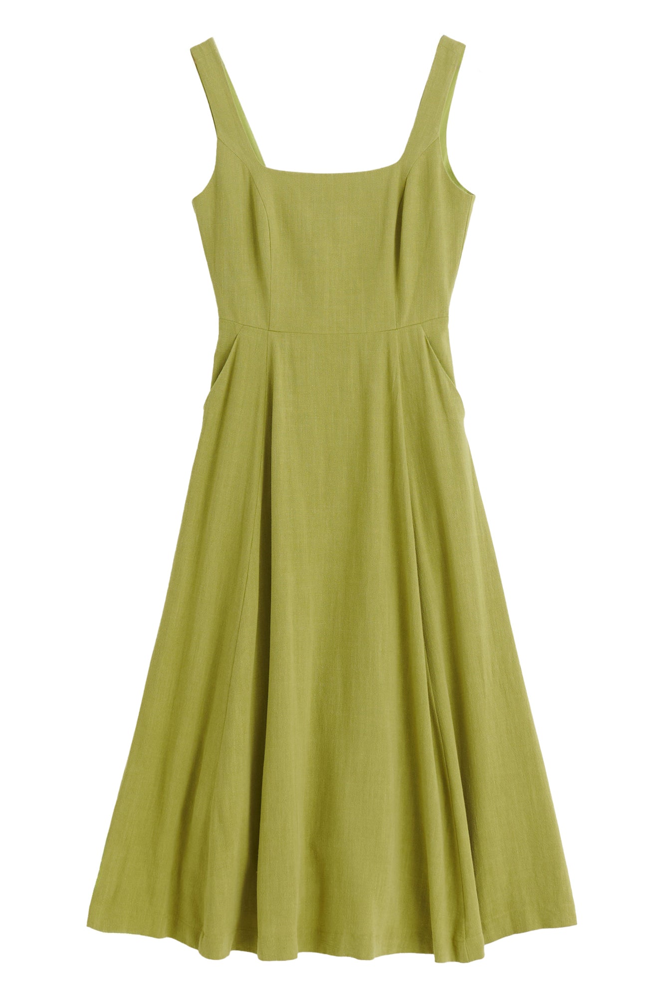 Baya Linen Mix Square Neck Midi Dress - Avocado Green