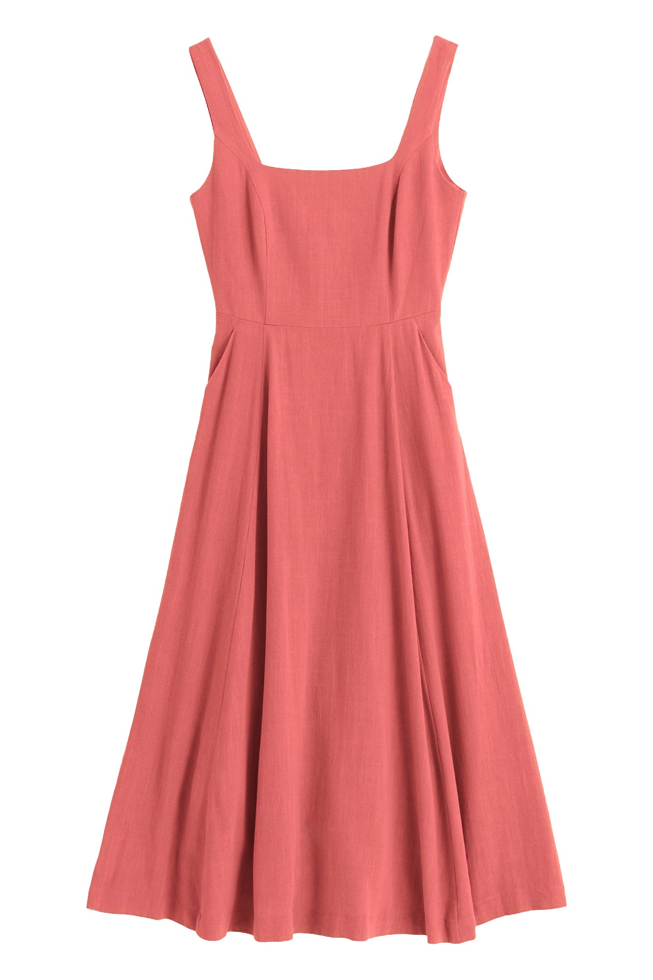 Baya Linen Mix Square Neck Midi Dress- Coral