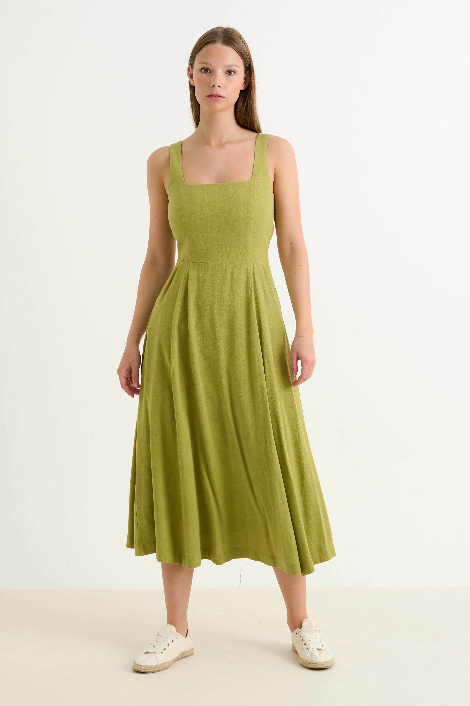 Baya Linen Mix Square Neck Midi Dress - Avocado Green