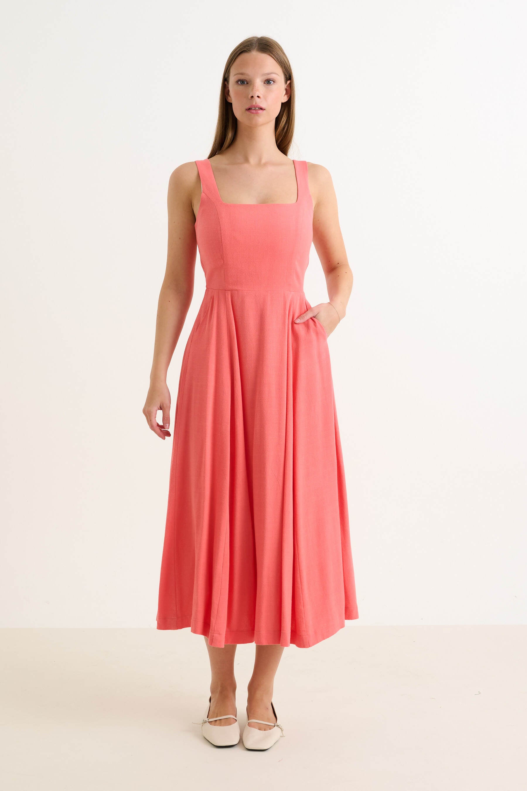 Baya Linen Mix Square Neck Midi Dress- Coral