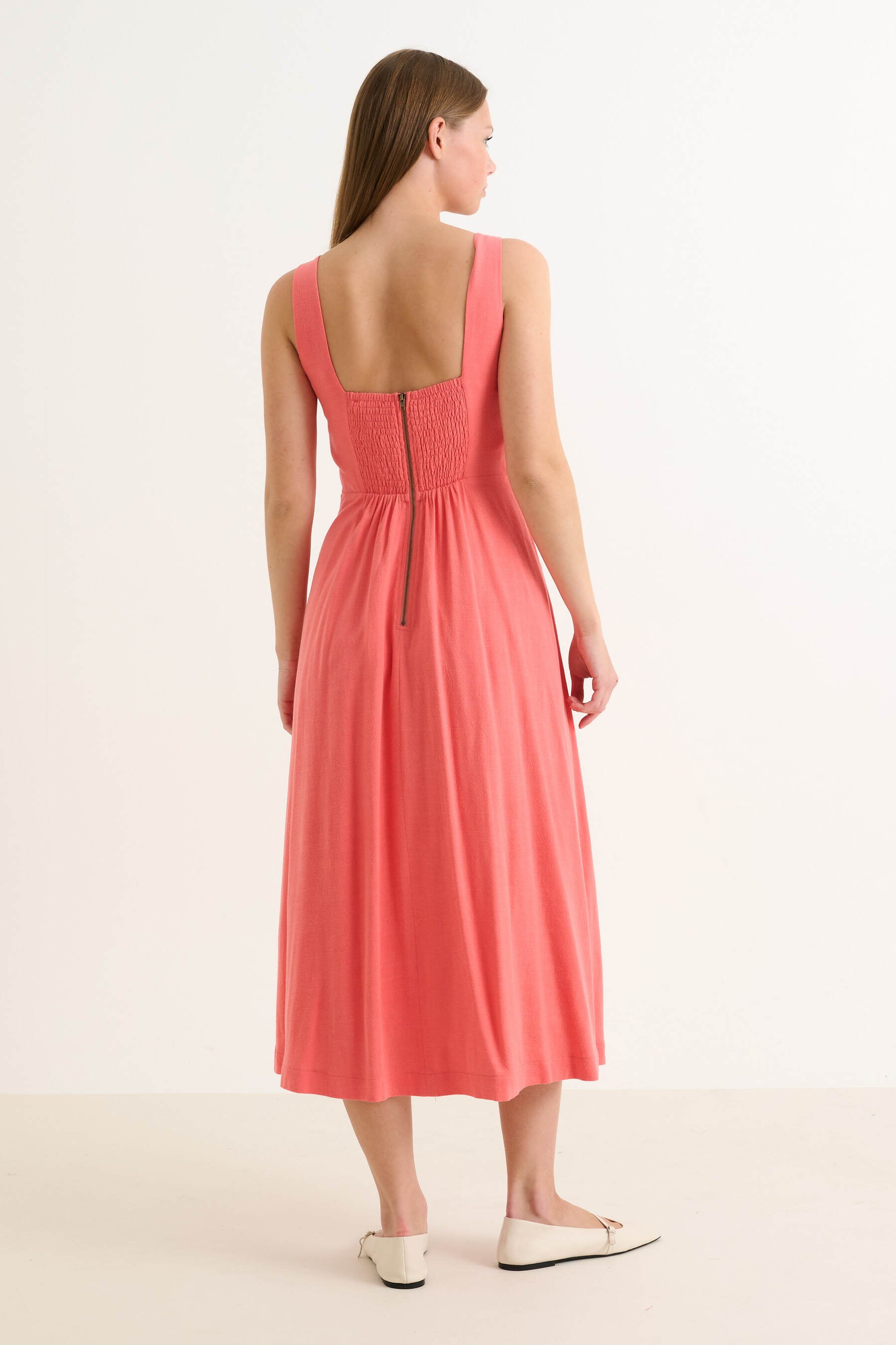 Baya Linen Mix Square Neck Midi Dress- Coral