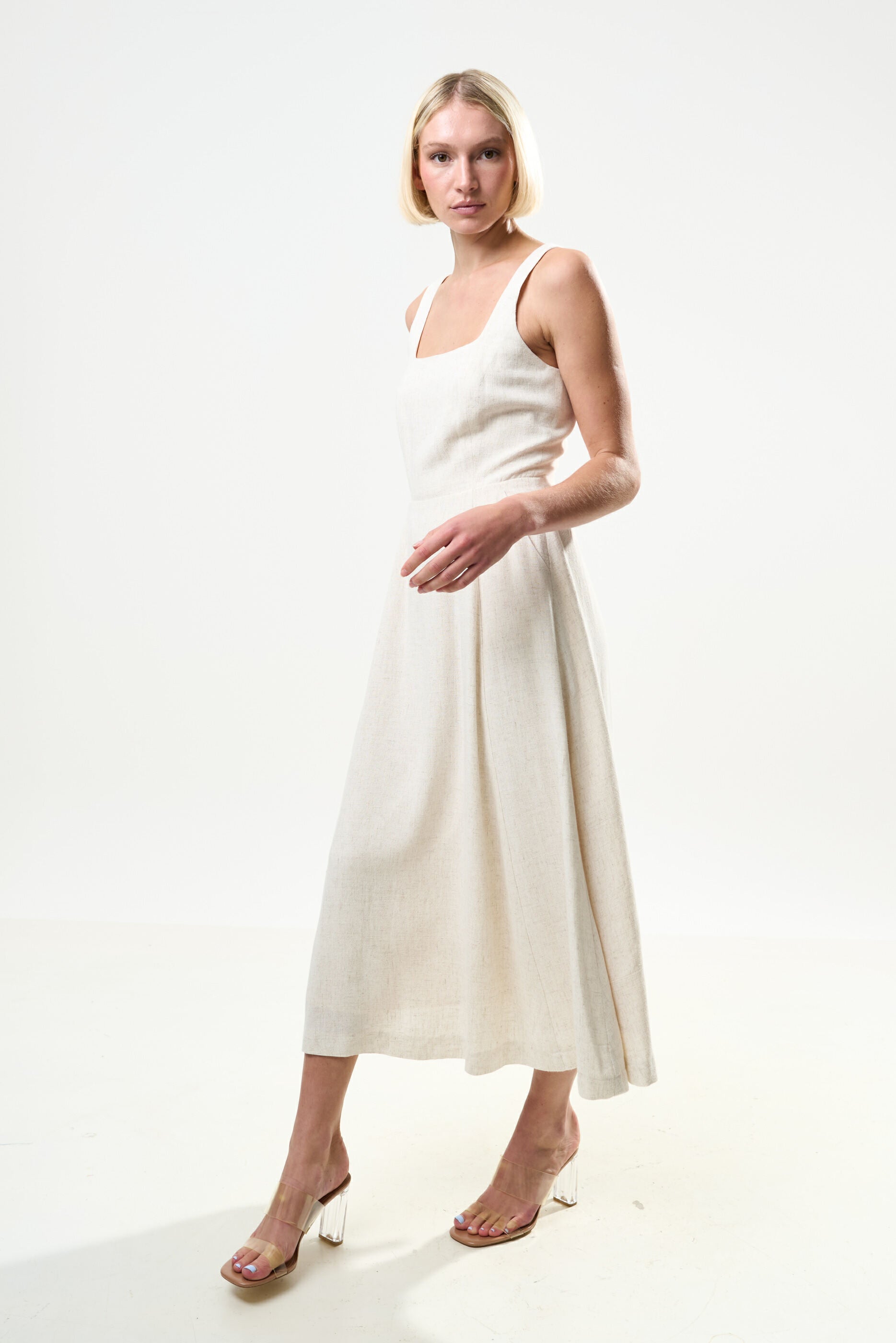 Baya Linen Mix Square Neck Midi Dress - Natural