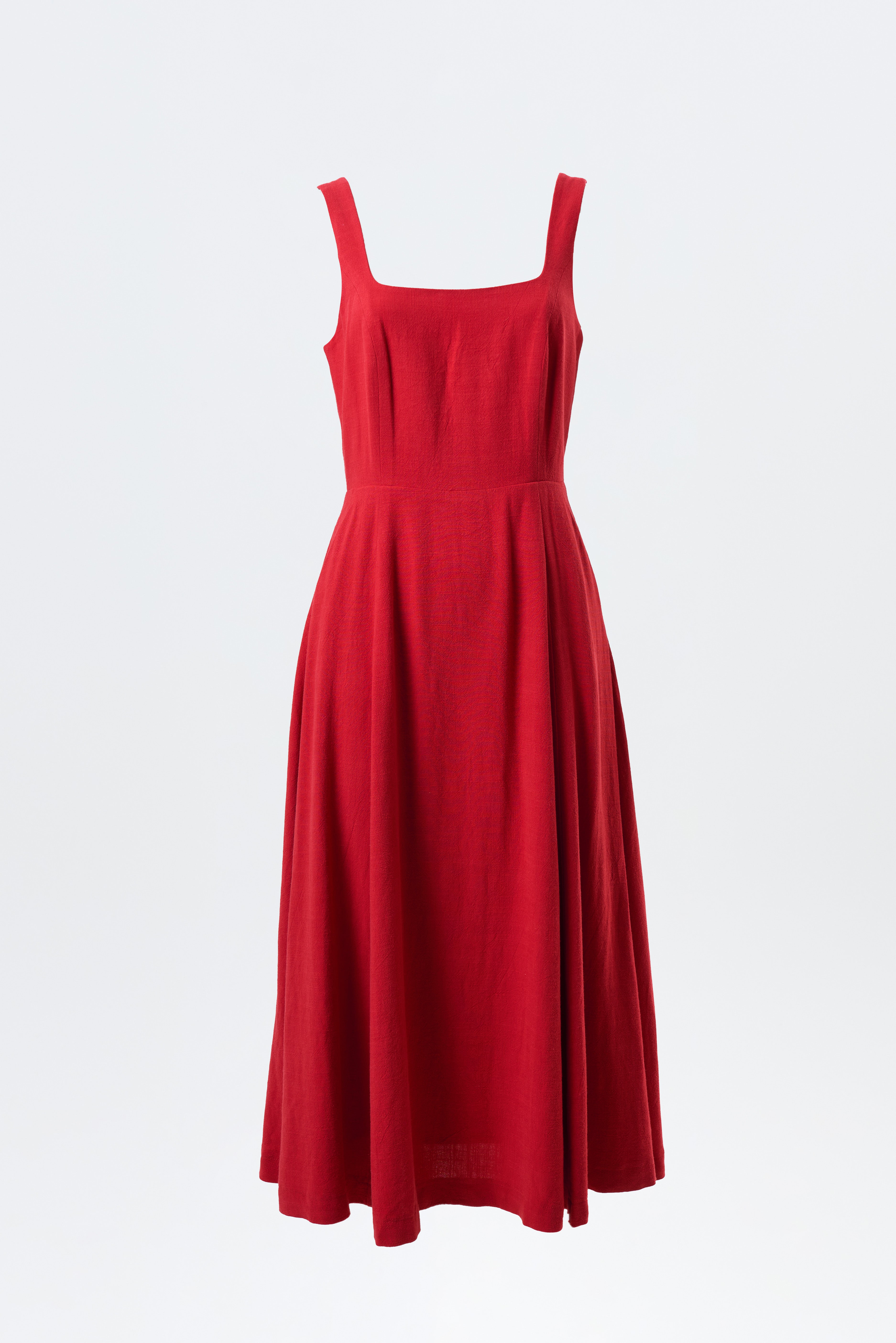 Baya Linen Mix Square Neck Midi Dress - Red