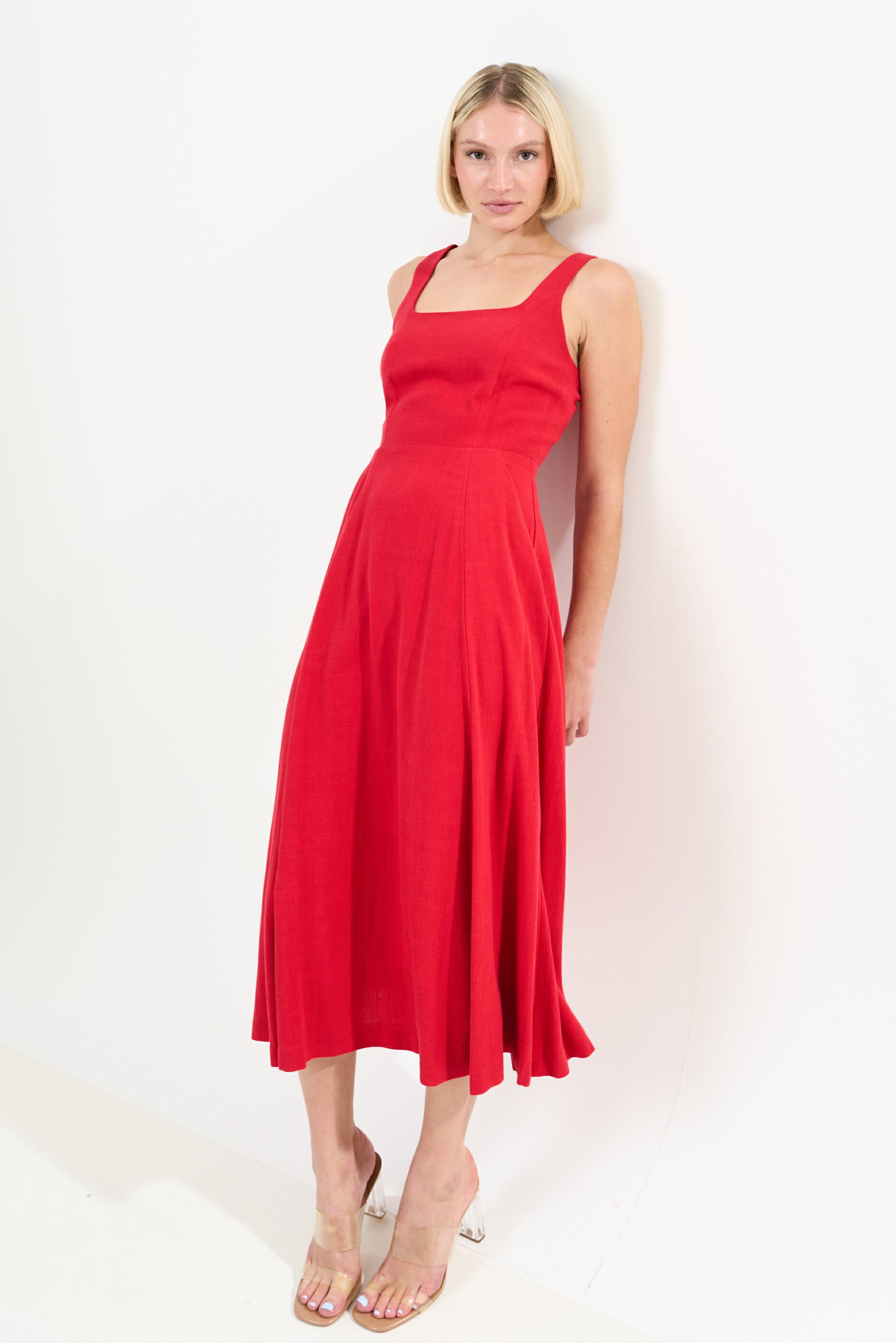 Baya Linen Mix Square Neck Midi Dress - Red