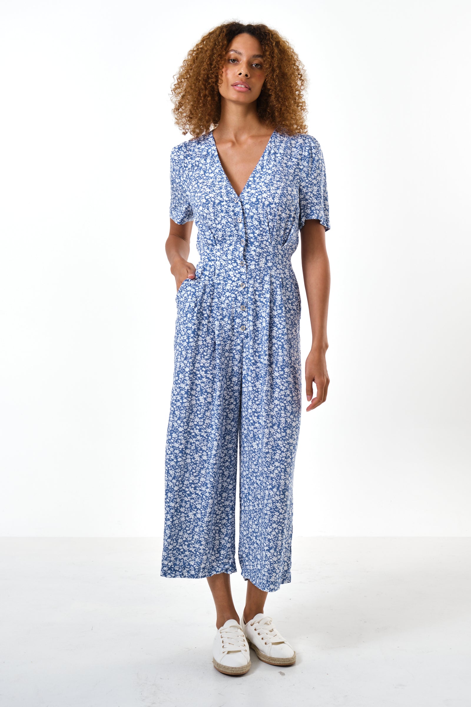 Belen Micro Blossom Print Short Sleeve Jumpsuit In Blue