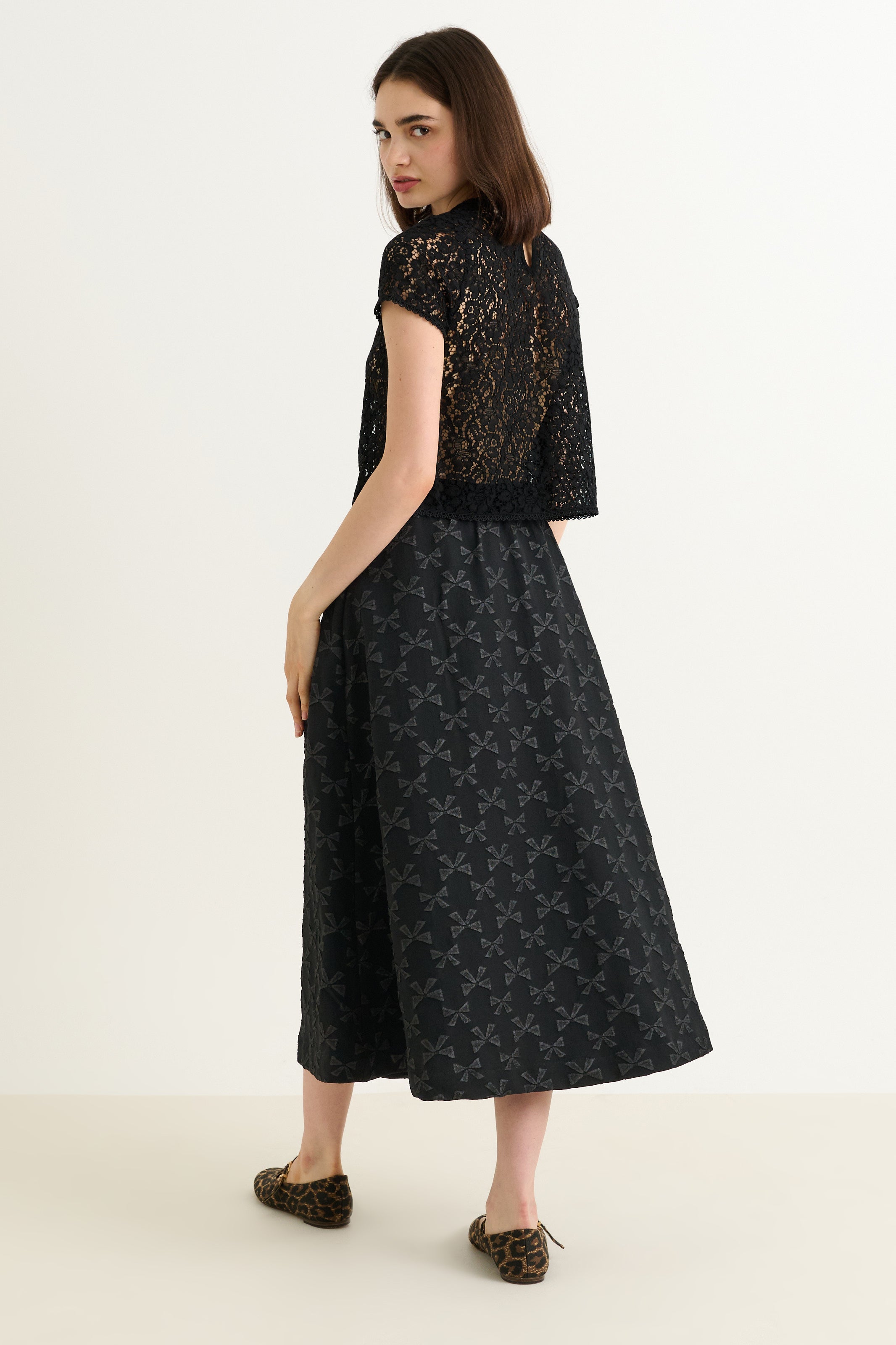 Belita Bow Jacquard Black Midi Skirt