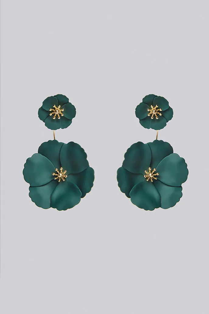 Bezer Double Flower Pendent Stud Earrings - Green