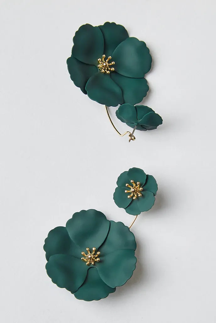 Bezer Double Flower Pendent Stud Earrings - Green
