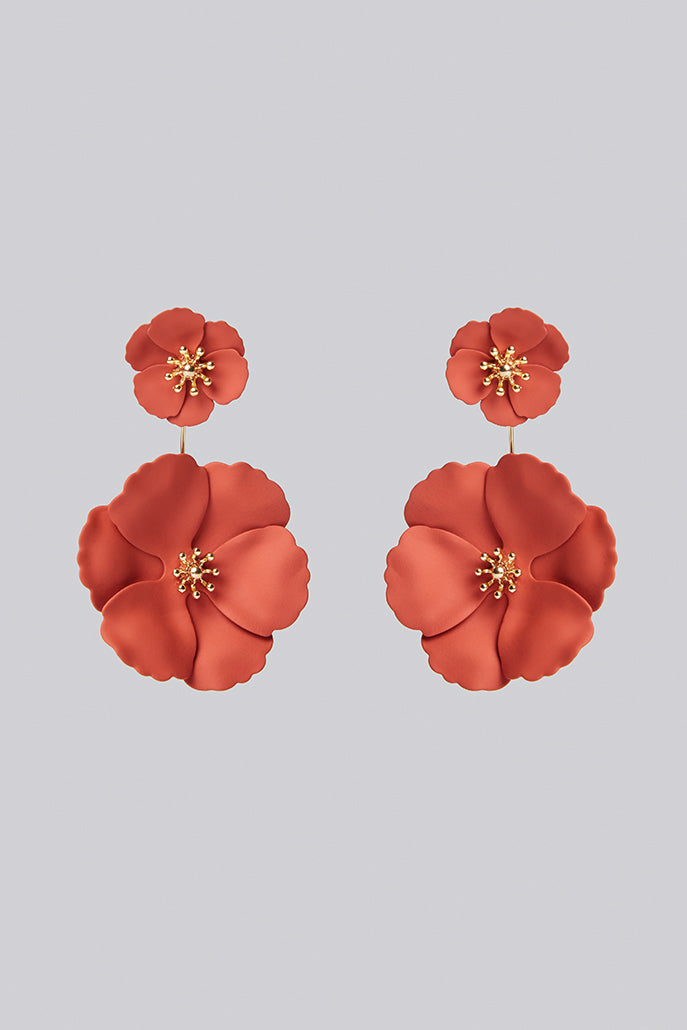 Bezer Double Flower Pendant Stud Earrings - Orange