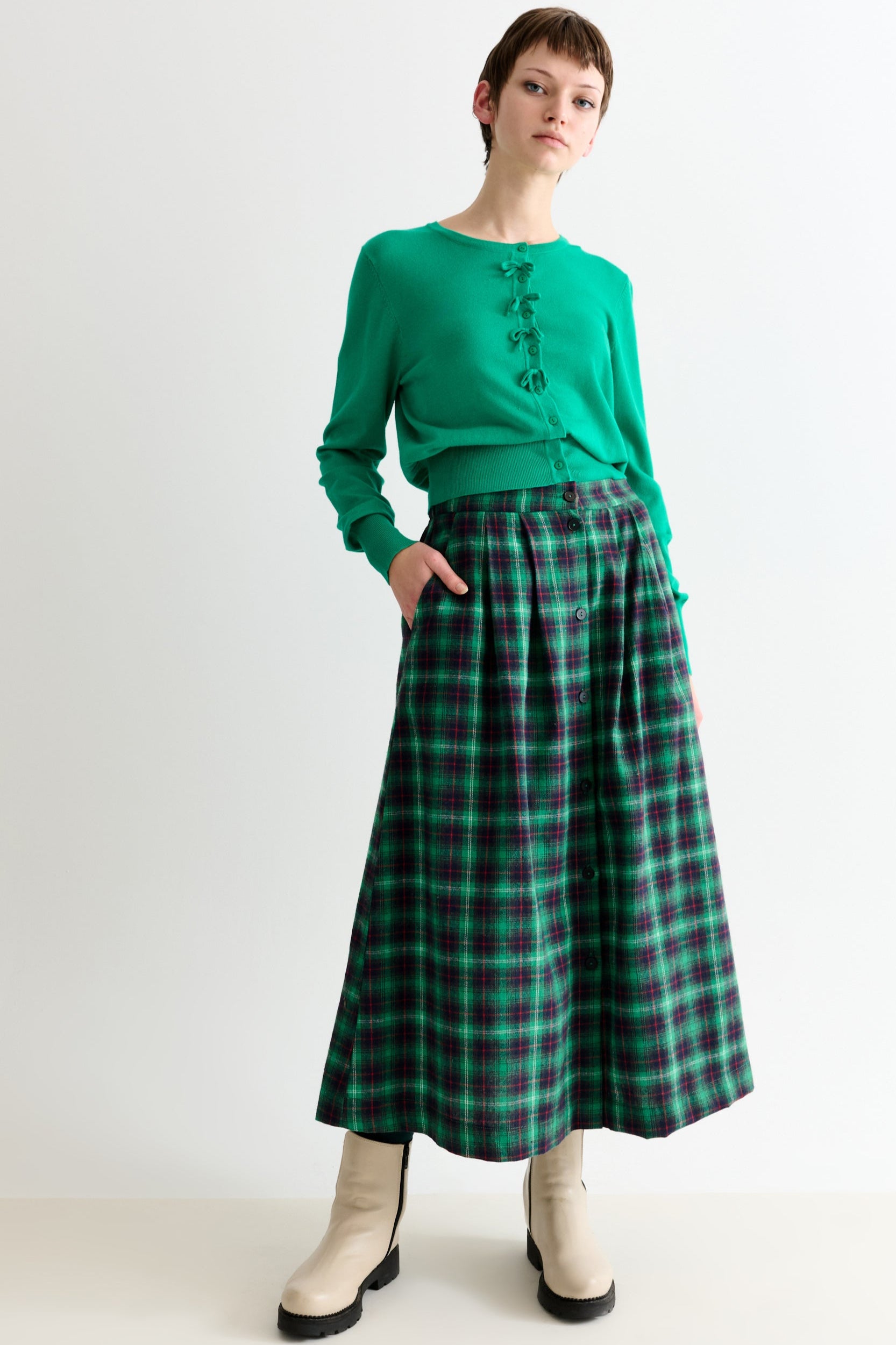 Bia Winter Check Button Through Midaxi Skirt – Green