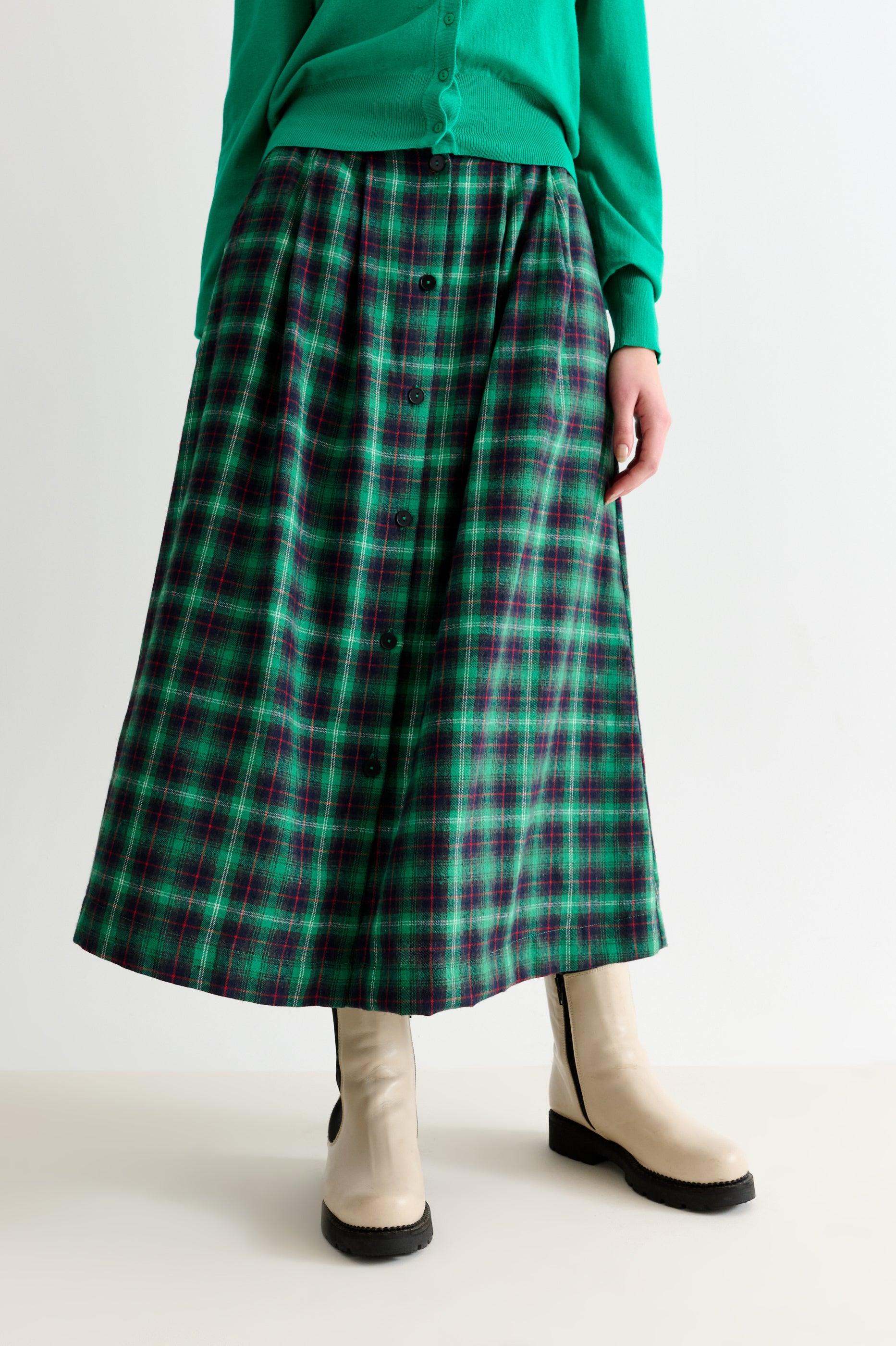 Bia Winter Check Button Through Midaxi Skirt – Green