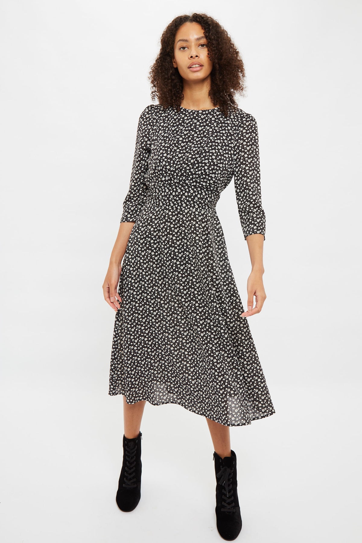 Louche Birte Flower Spot Print Long Sleeve Midi Dress