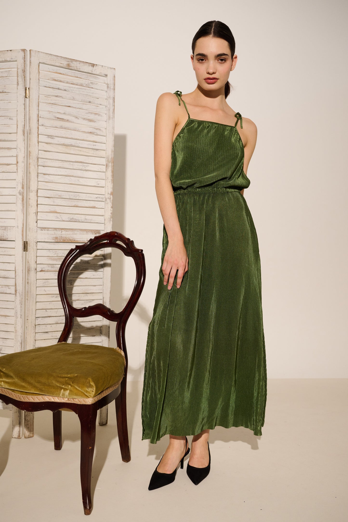 Mayra Pleat Sage Strappy Maxi Dress