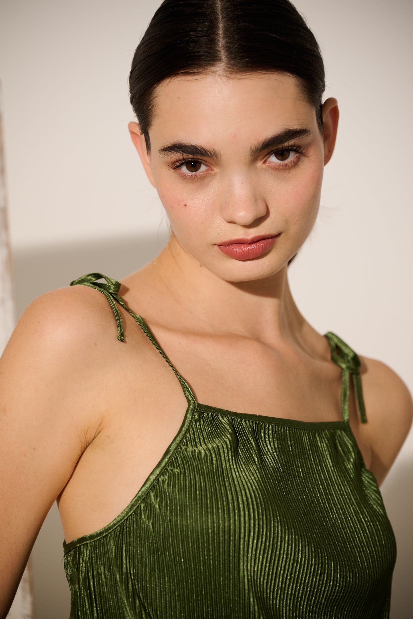 Mayra Pleat Sage Strappy Maxi Dress