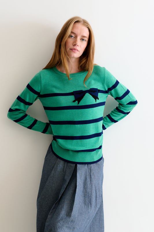 Bly Bow Intarsia Striped Jumper – Navy