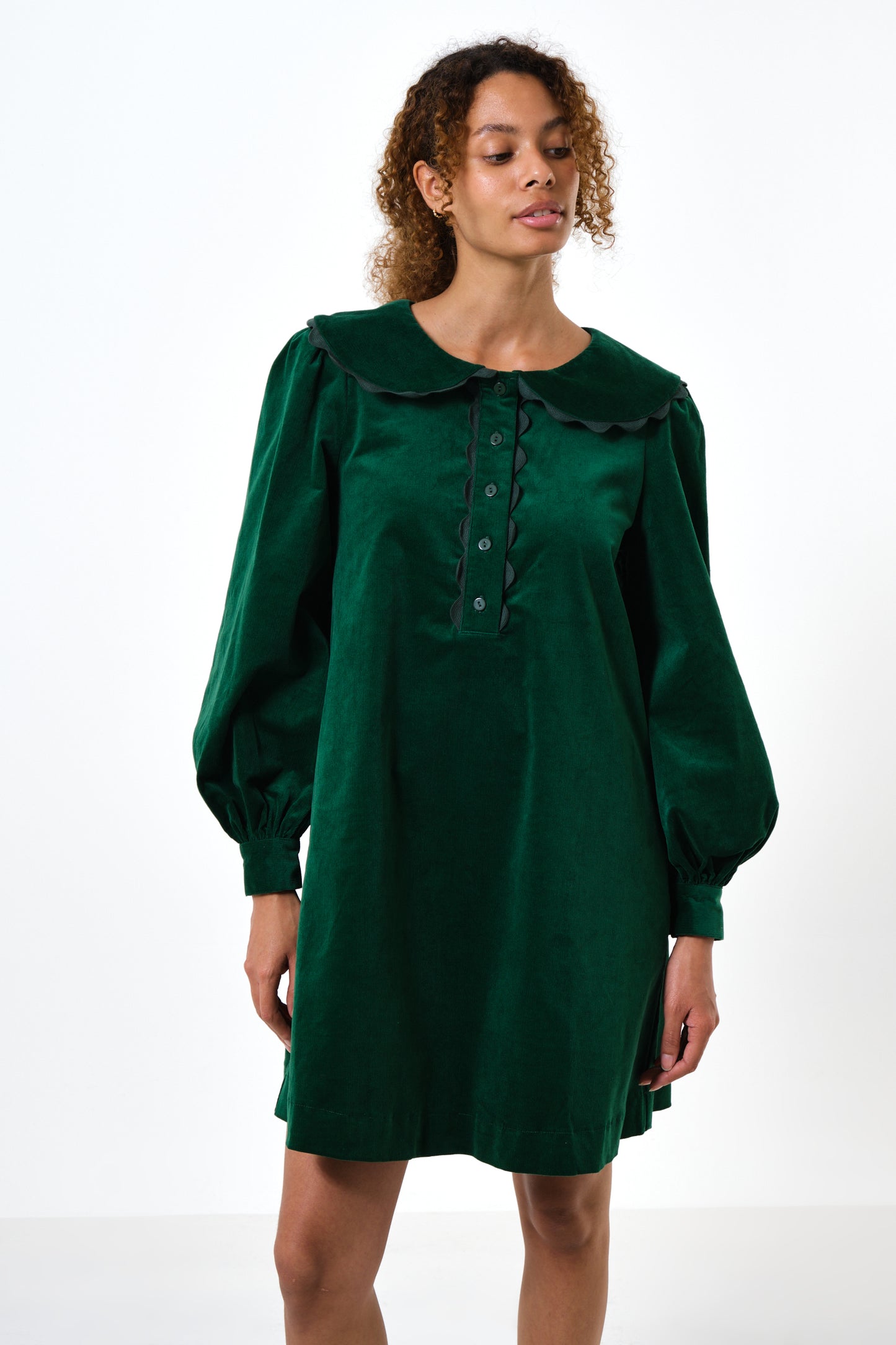 Bonny Babycord Long Sleeve Mini Dress - Dark Green
