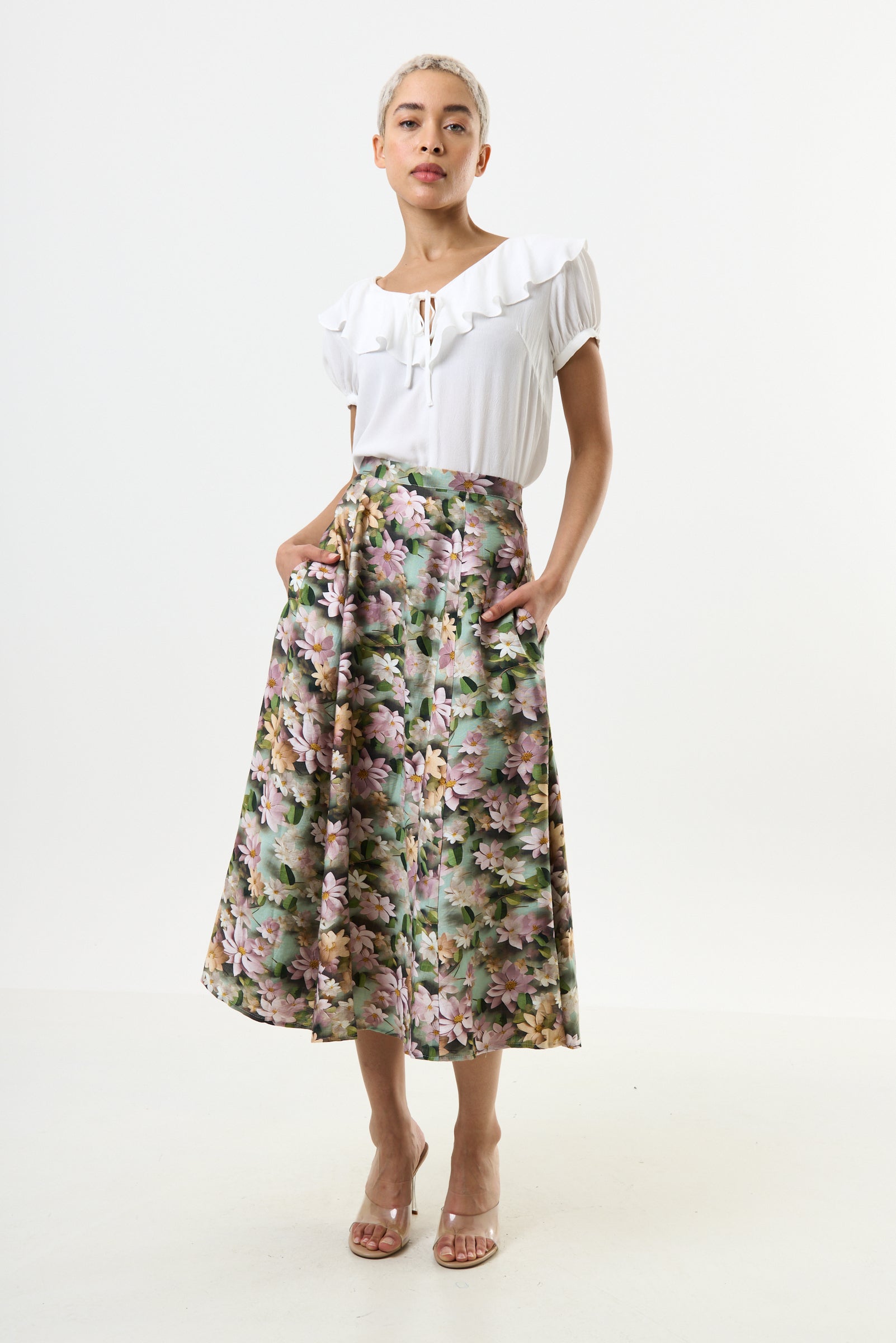 Brisa 3D Daisy Print Midi Skirt - Green