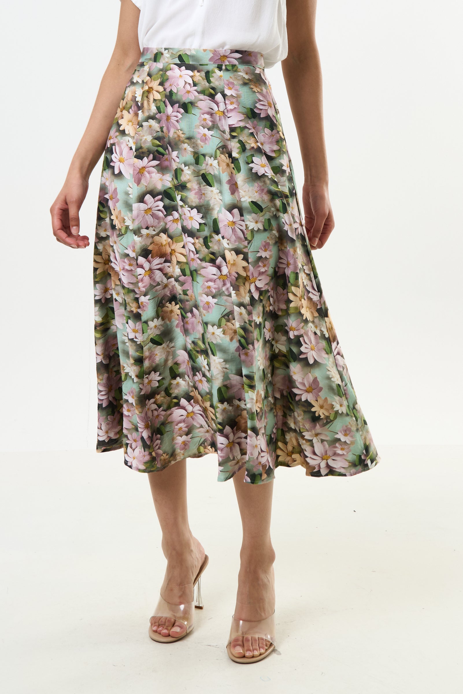 Brisa 3D Daisy Print Midi Skirt - Green