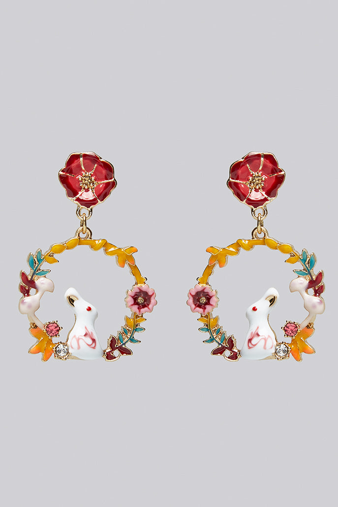 Buster Rabbit Floral Enamelled Hoop Earrings