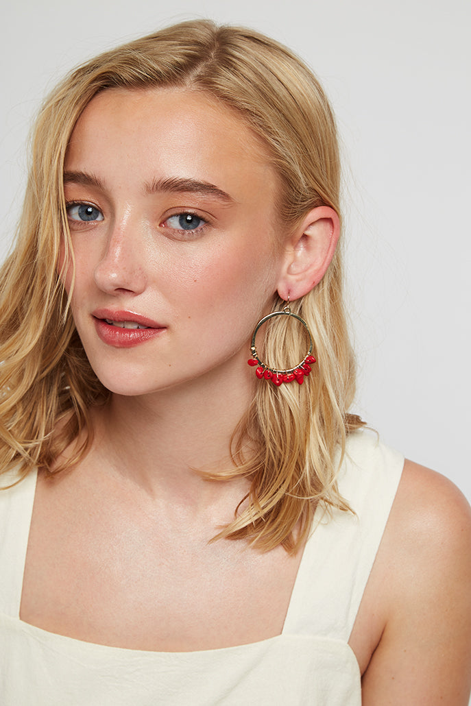 Bernie Hoop With Natural Red Stones - Gold
