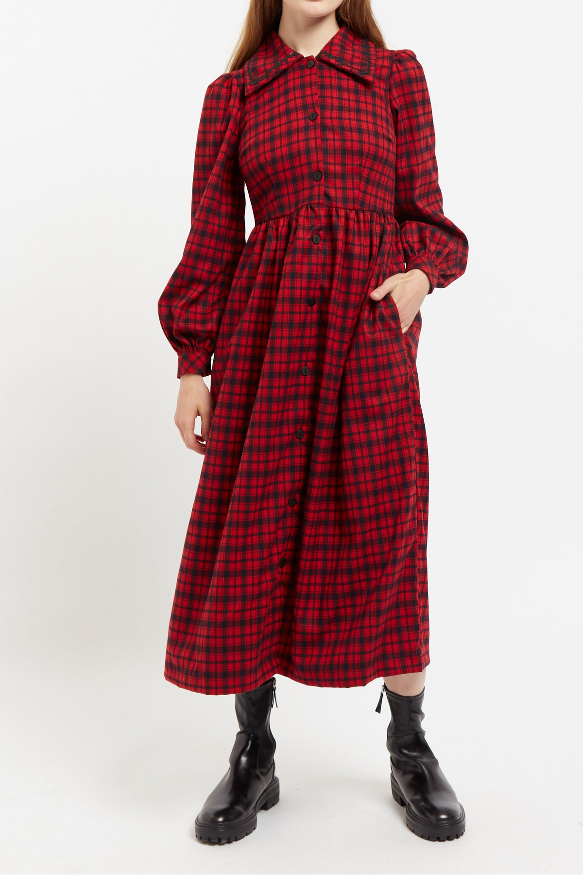 Louche Cailin Winter Gingham Midi Shirt Dress in Red and Black Louche Cailin Winter Gingham Midi Shirt Dress in Red and Black