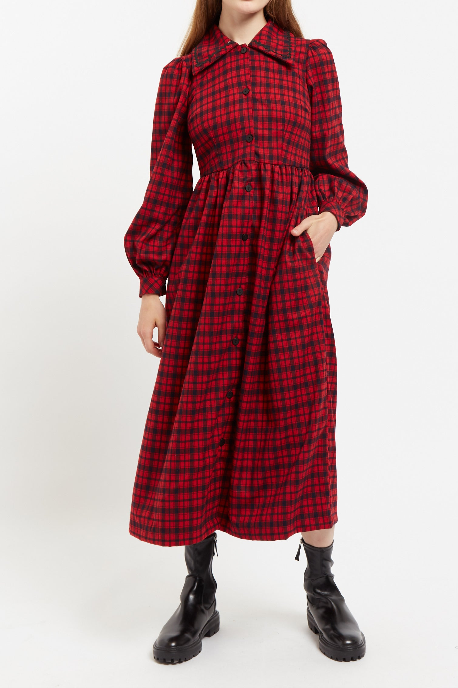 Louche Cailin Winter Gingham Midi Shirt Dress in Red and Black - Front