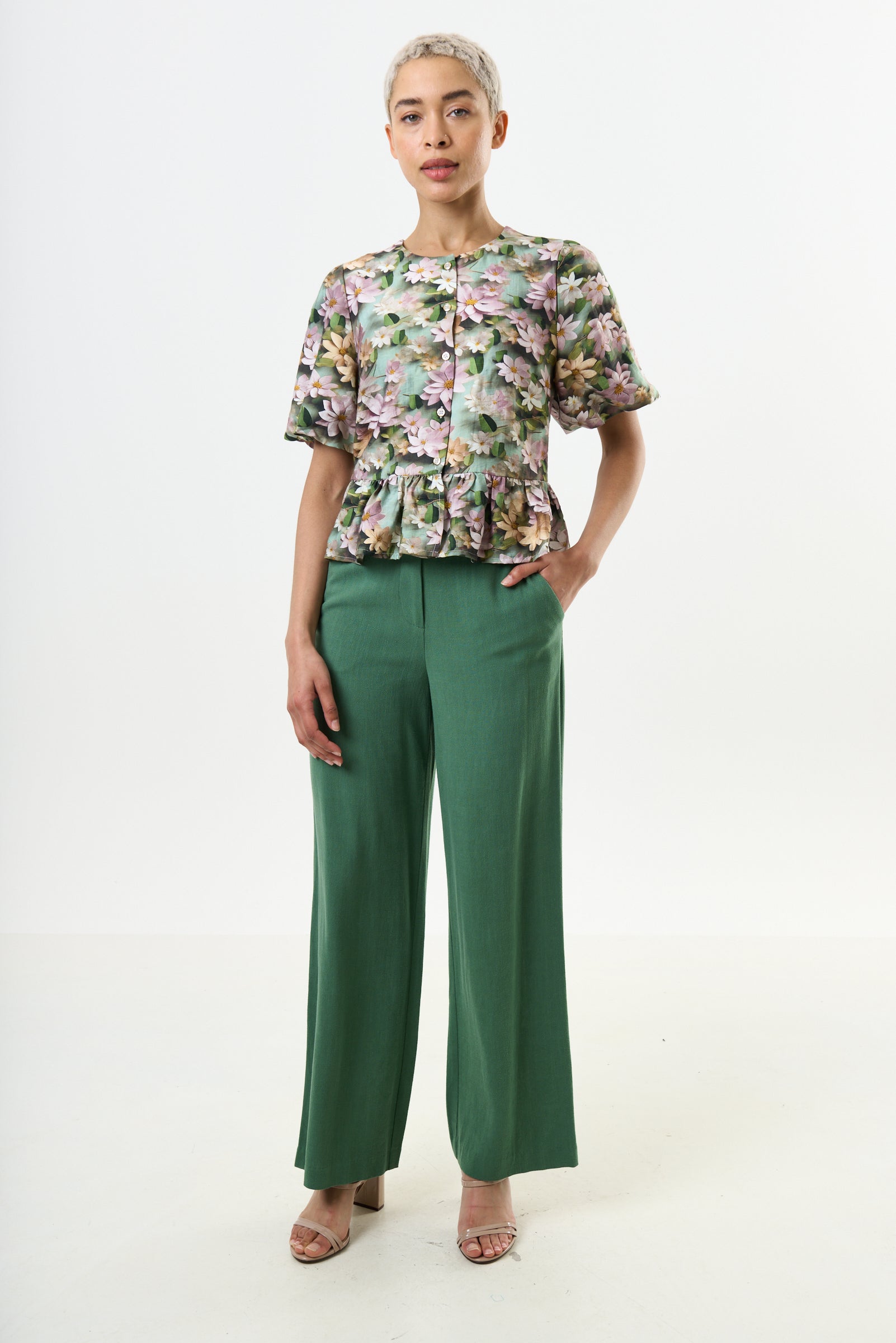 Camile 3D Daisy Print Peplum Blouse - Green