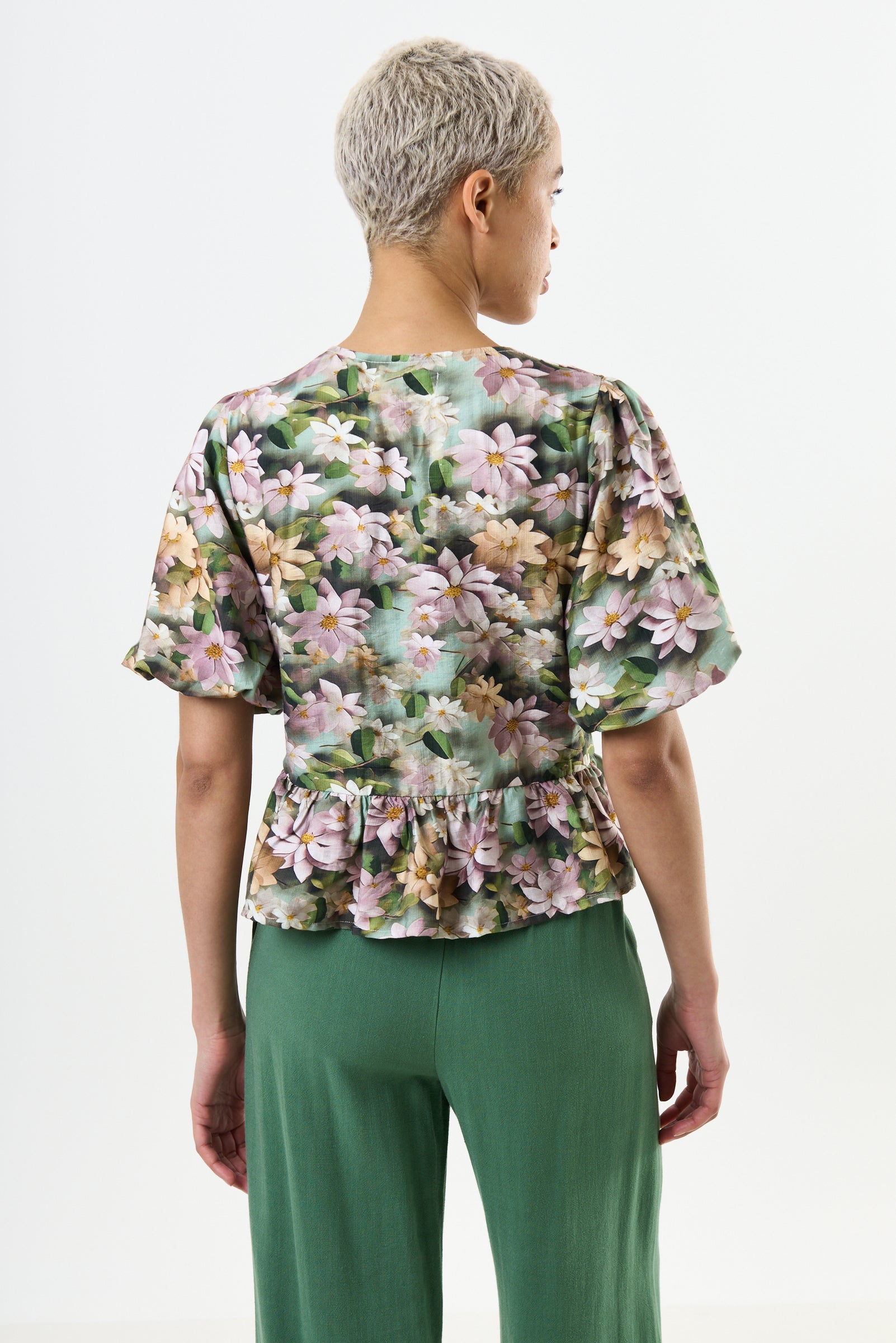 Camile 3D Daisy Print Peplum Blouse - Green
