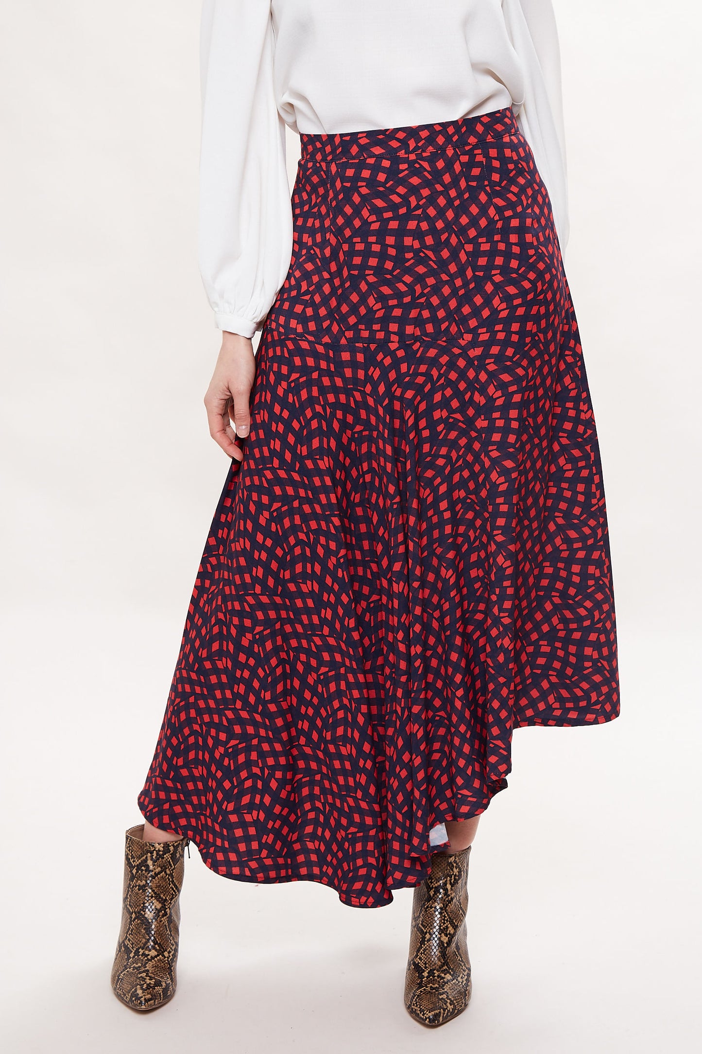 Louche Carolina Gingham Twist Print Asymmetric Midi Skirt