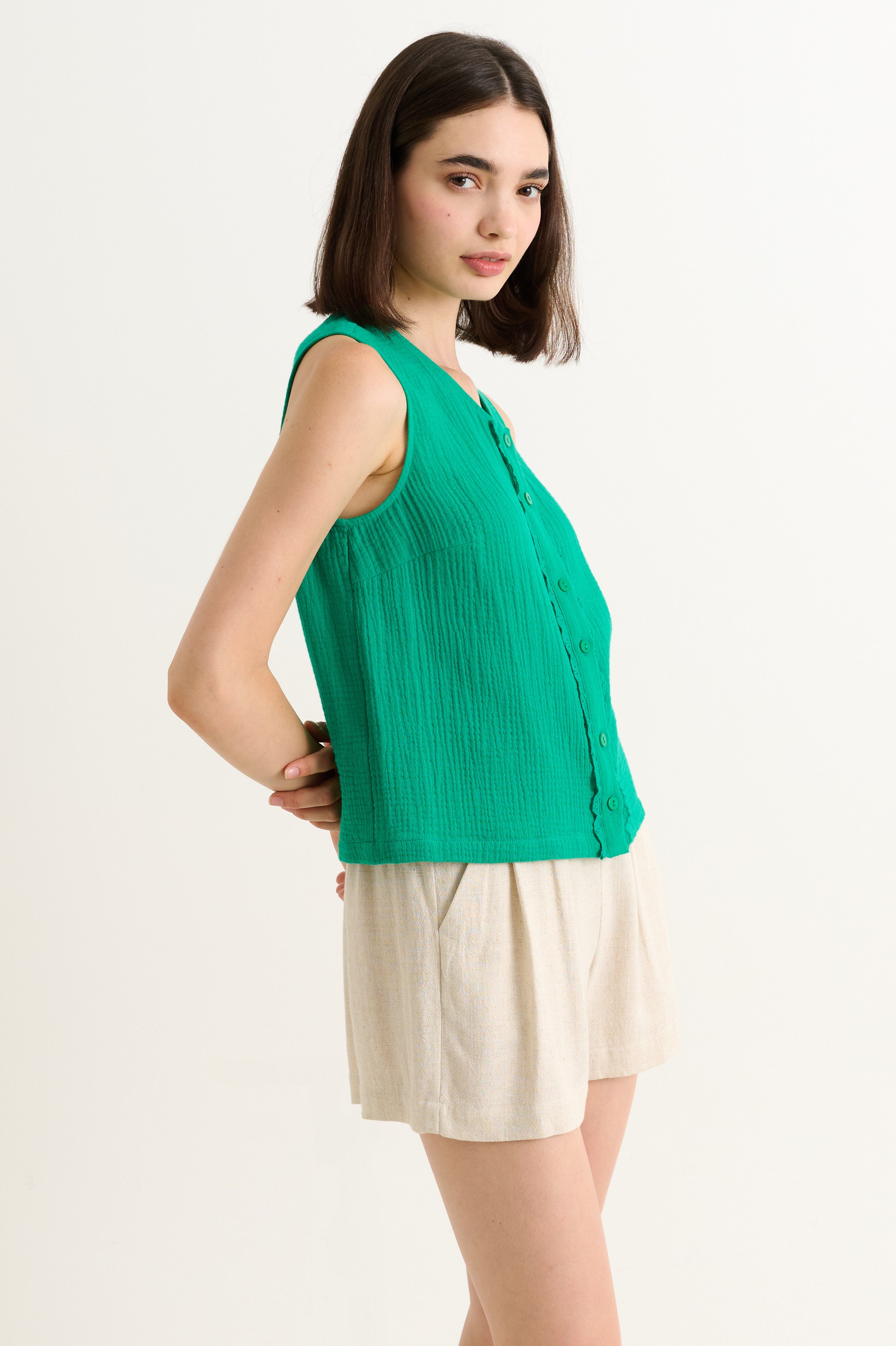 Caro Double Gauze Lace Trim Top - Green