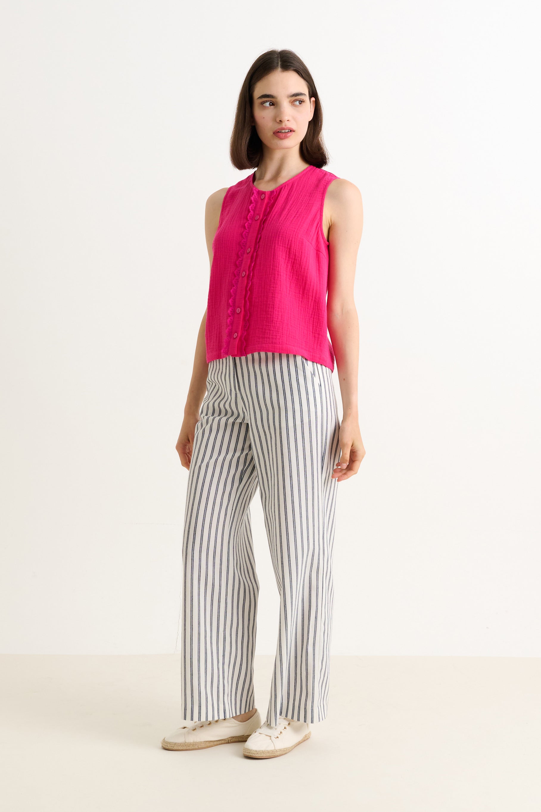 Tilde Ticking Stripe Straight Cut Trouser - White & Navy - Detail 3