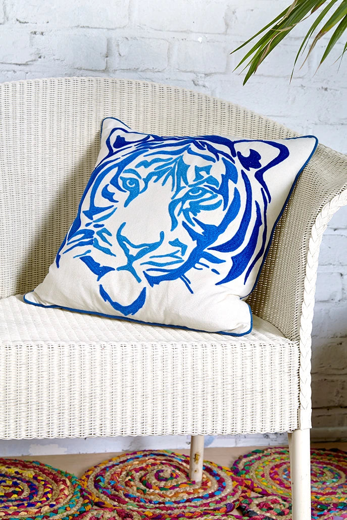Blue Embroidered Tiger Cushion