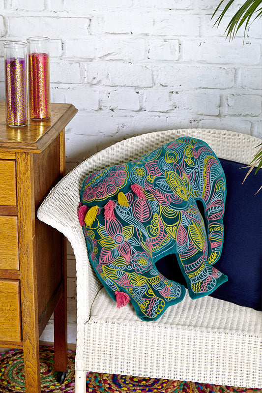 Velvet Embroidered Elephant Cushion