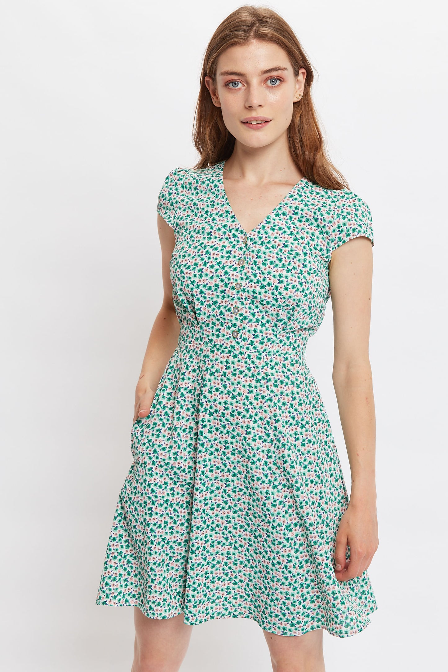 Louche Cathleen Mint Blossom Print Mini Tea Dress