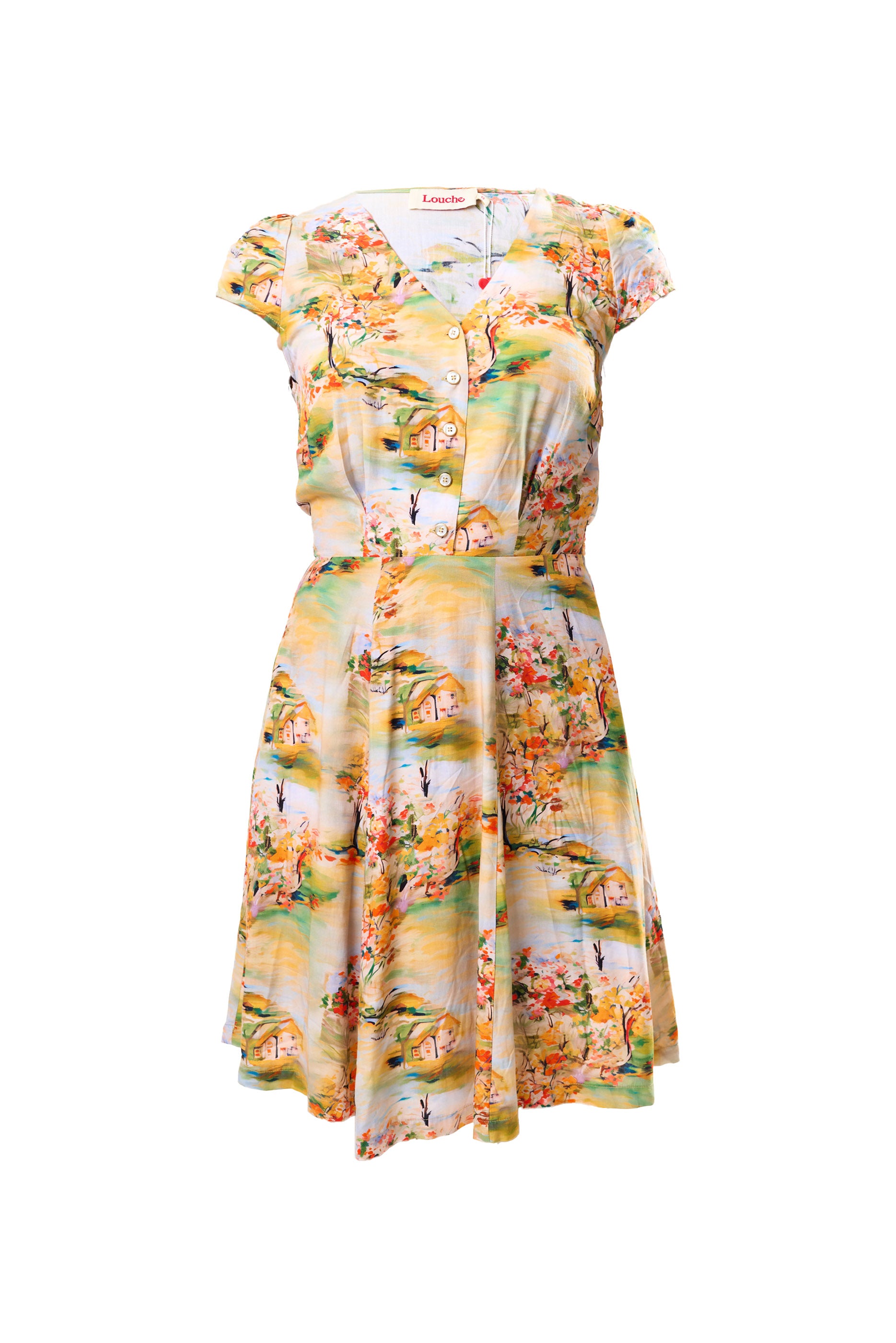 Cathleen Mini Oriental Landscape Print Tea Dress - Yellow