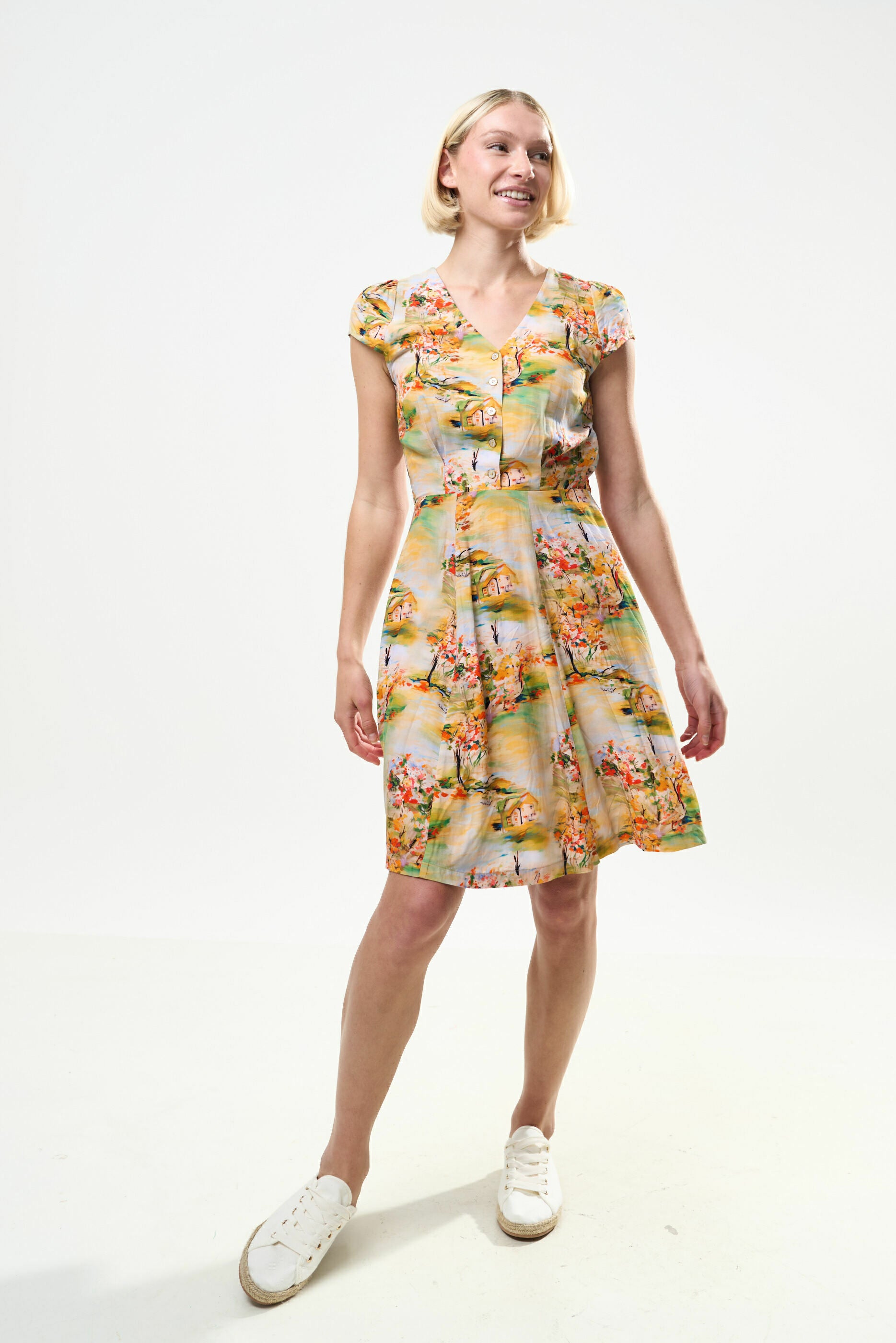 Cathleen Mini Oriental Landscape Print Tea Dress - Yellow