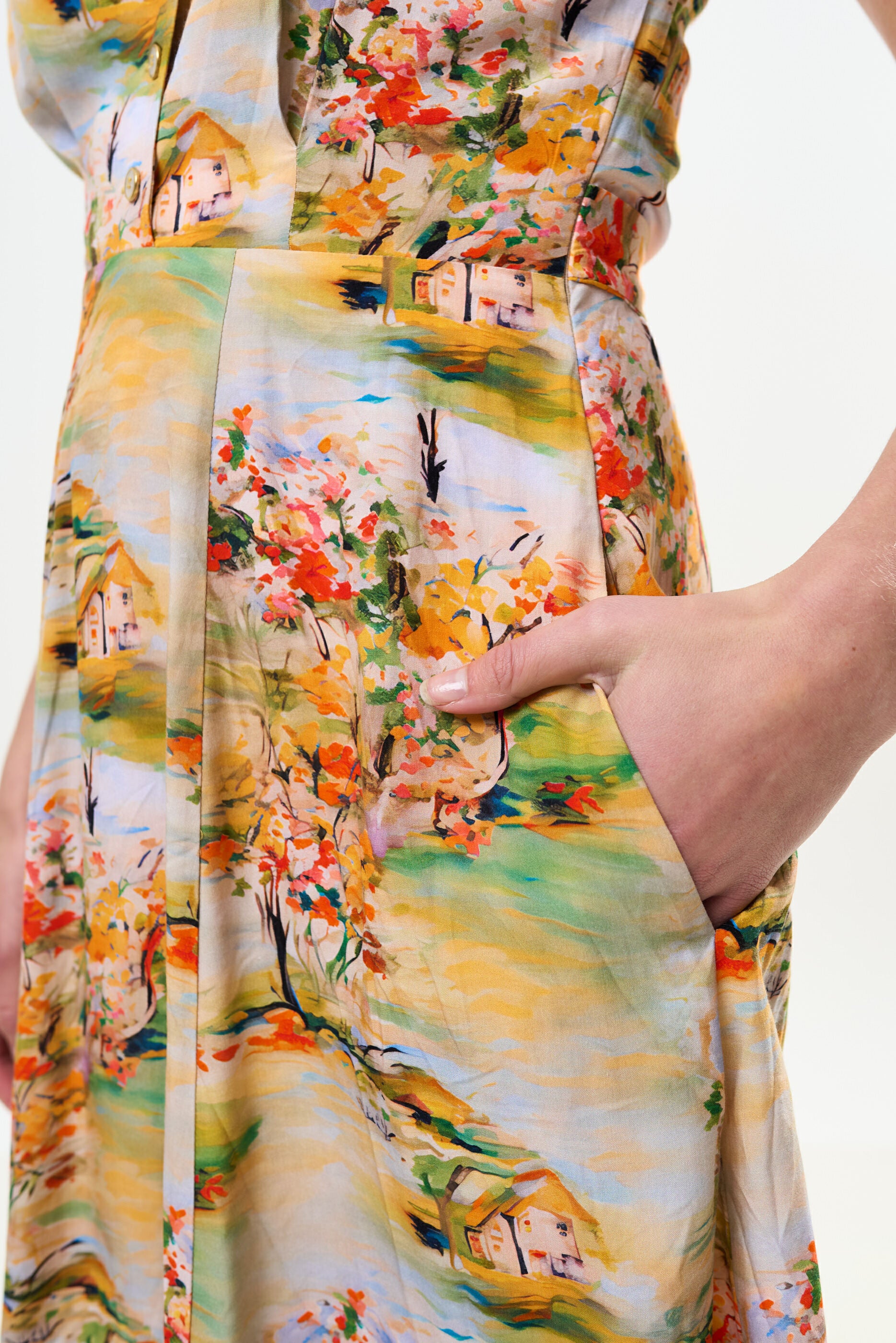 Cathleen Mini Oriental Landscape Print Tea Dress - Yellow