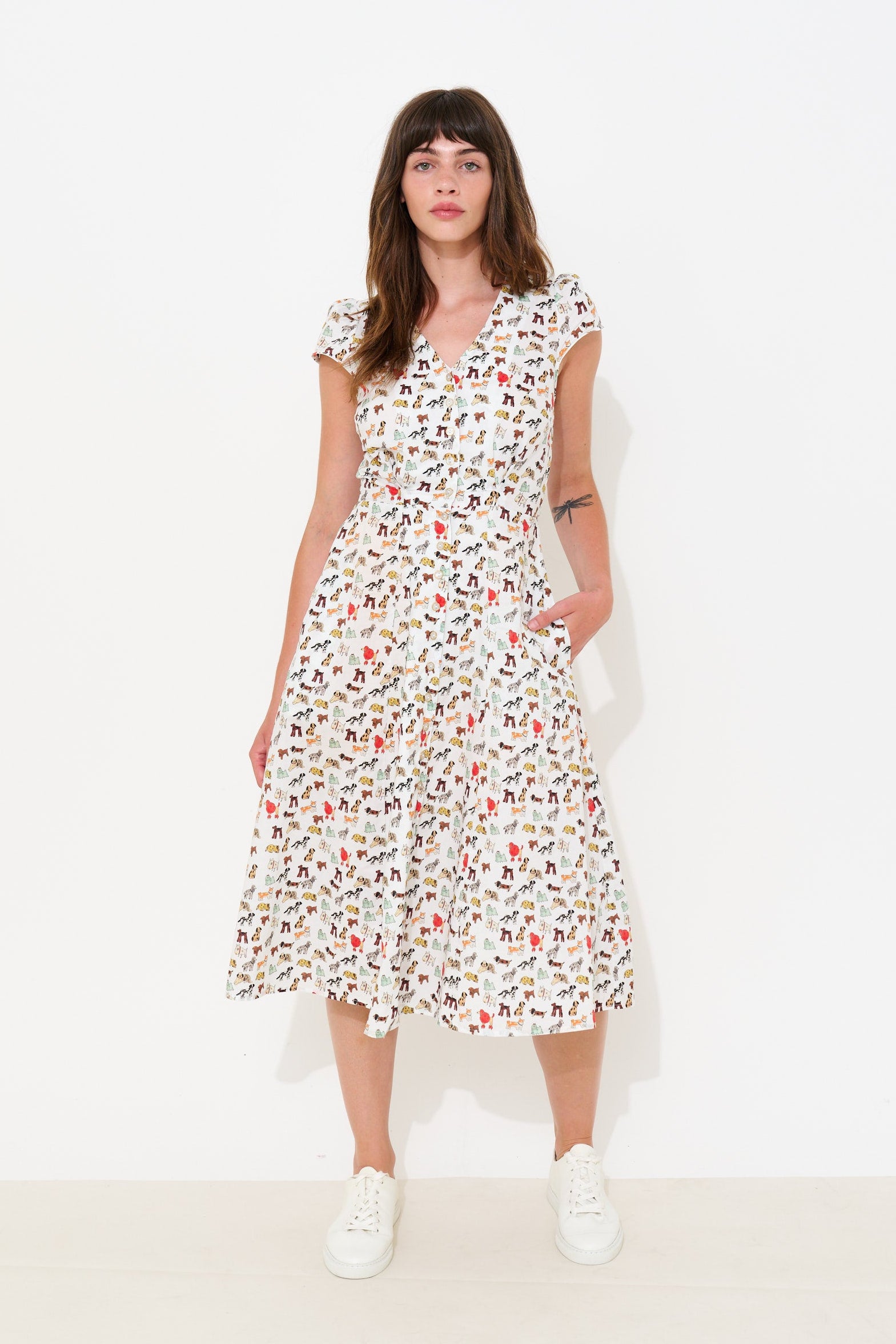 Cathy Dogs Day Print Midi Tea Dress - Multi