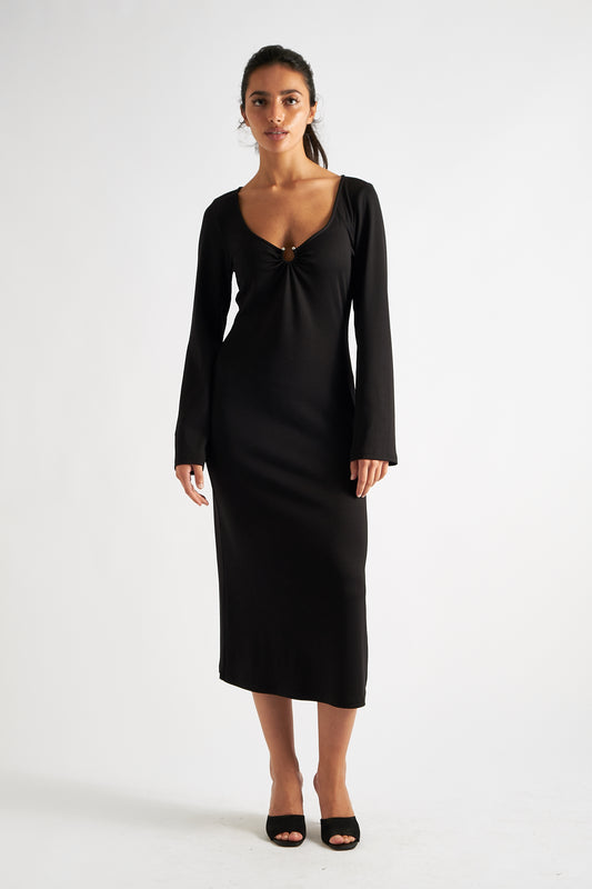 Charley Fine Rib Bodycon Midi Dress - Black