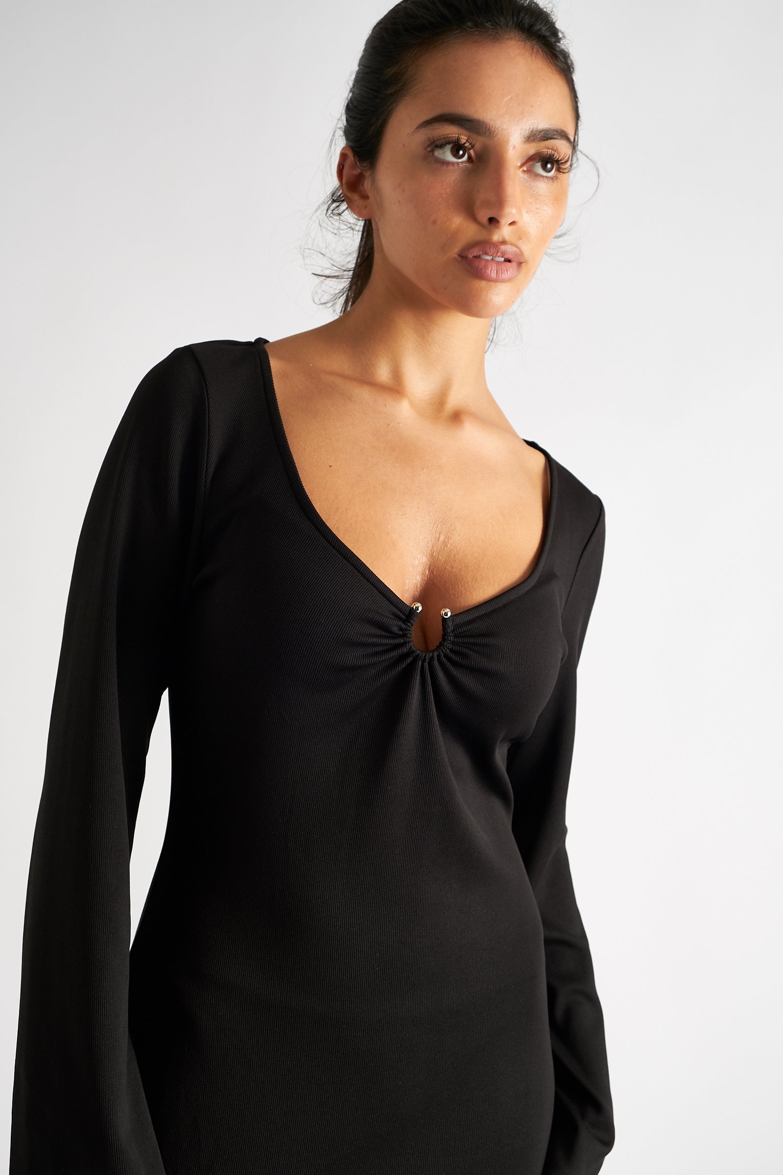 Charley Fine Rib Bodycon Midi Dress - Black - Detail 1